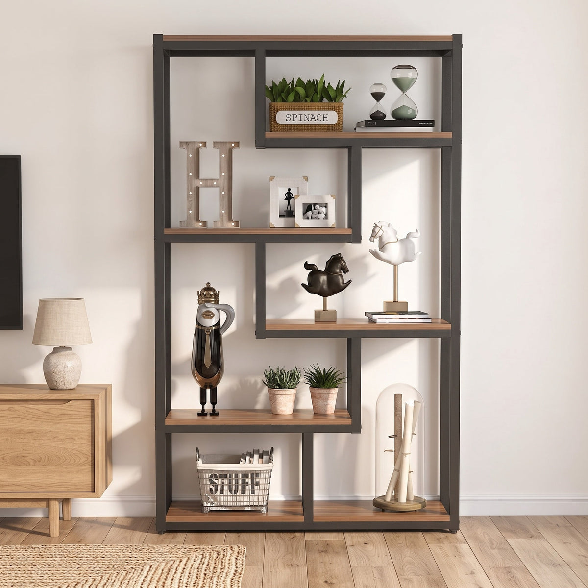 Fnova 69-Inch Industrial Storage Shelf Unit, 6-Tier Staggered Etagere Bookcase Display for Living Room Bedroom Home Office,WM010554_BNB_US