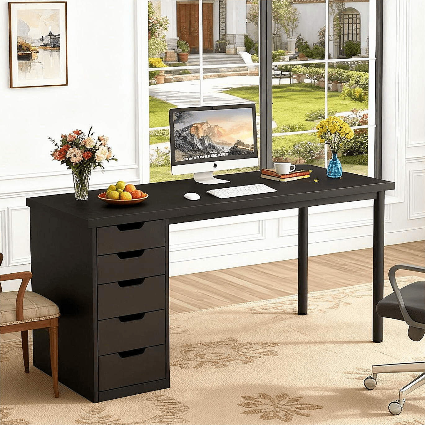 Fnova 47.24" Computer Desk with 5 Drawers, Reversible File Cabinet, Writing Workstation for Home Office Bedroom Study Makeup Vanity Desk Furniture,Black