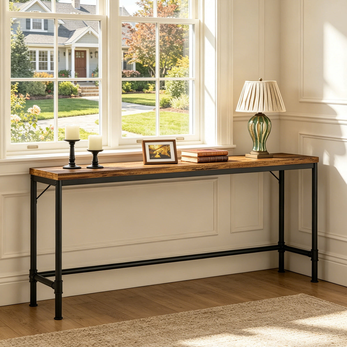 Fnova 70.9-Inch Industrial Long Console Table, Narrow Sofa Table Behind Couch, Entryway Hallway Table with Sturdy Metal Frame for Living Room, Hallway, Foyer,WM010381_BN_US