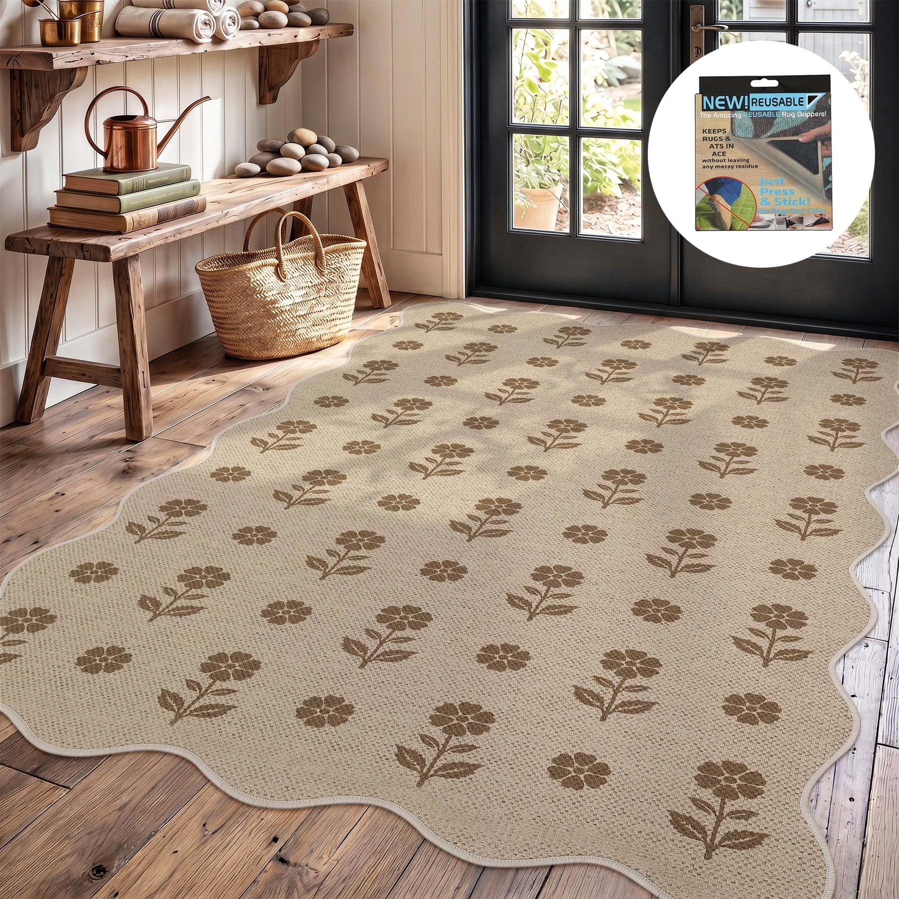Fnova Scalloped Floral Area Rug, 3'x5' Machine Washable Non Slip Jute Rug for Entryway Kitchen Bedroom Living Room, Kid and Pet Friendly Indoor Carpet,Beige & Taupe,3'x5'