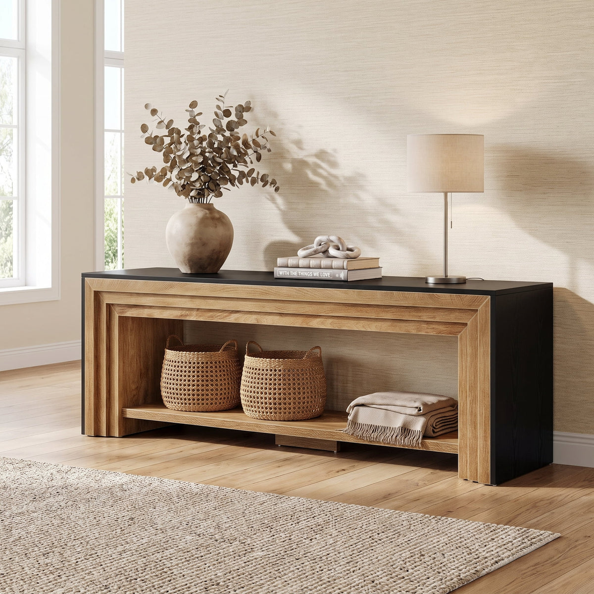 Fnova 70.87-Inch Modern Farmhouse TV Stand with Open Storage Shelf, Two-Tone Brown & Black Entertainment Center, Media Console Table, Living Room Home Decor Furniture,WM010622_BLBN_US
