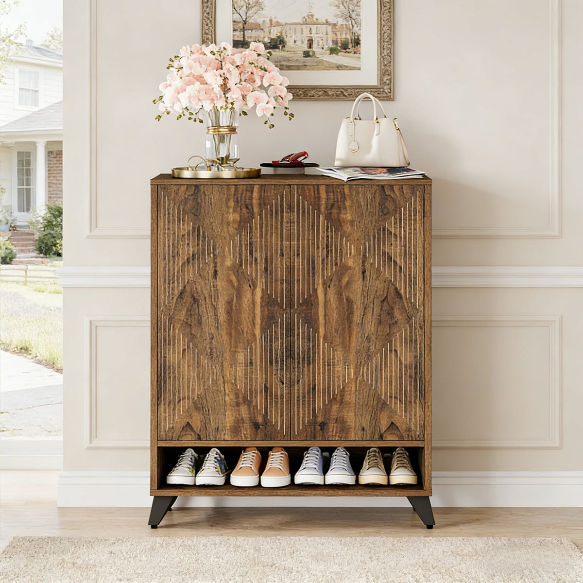 Fnova 6-Tier Modern Rectangular Cabinet, Side Cabinet with Adjustable Shelves, Shoe Storage, Geometric Pattern & Rebound System, Easy Assembly for Entryway, Hallway, Living Room, Bathroom,WM011312_BN_Cabinet