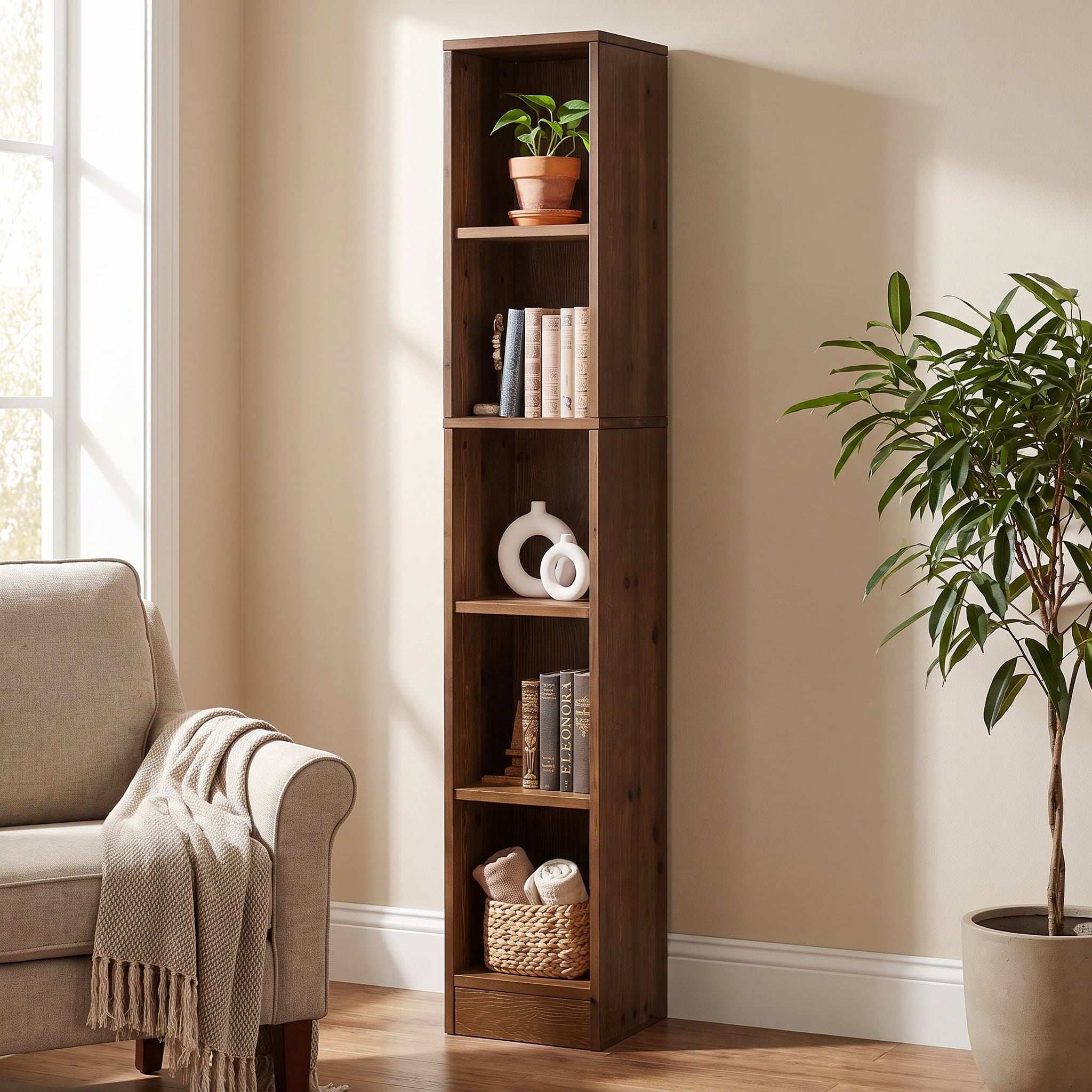Fnova 70.9" Solid Wood Bookshelf, 5-Tier Tall Narrow Bookcase for Small Spaces, Freestanding Wood Display Storage Shelf for Living Room, Bedroom, Home Office, Brown