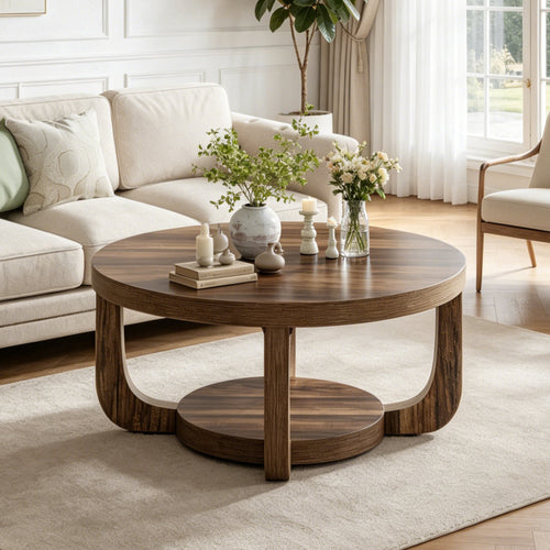 Fnova 2-Tier Round Coffee Table with Storage Shelf, Modern Wooden Circle Center Table, Accent Cocktail Table for Living Room, Lounge, Bedroom, Dark Brown,Dark Brown