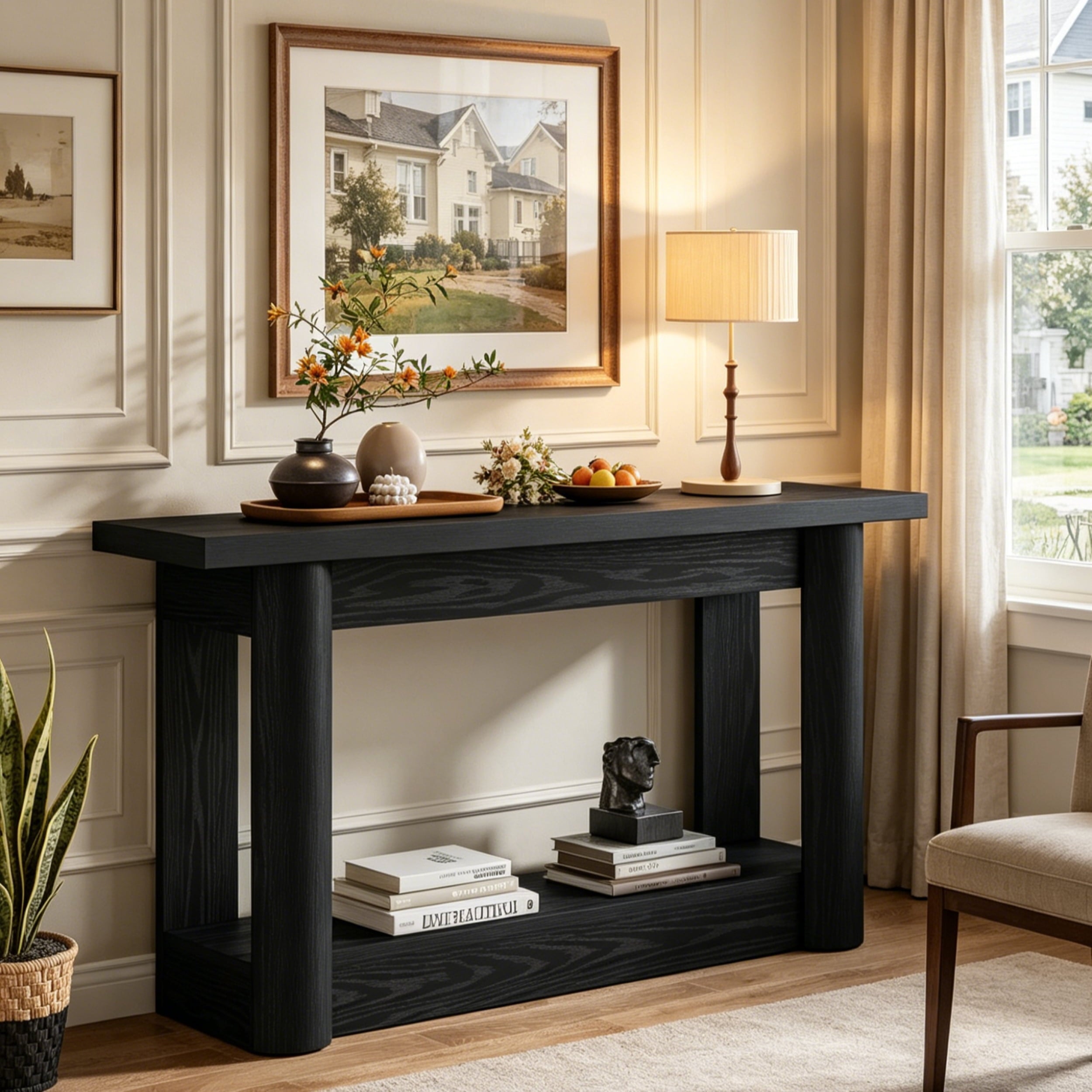 Fnova 63" Farmhouse Console Table with Long Storage Shelves, 2-Tier Entertainment Center for 55" - 75" TVs, Tall Television Console Table for Living Room, Bedroom, Hallway, Foyer,Black