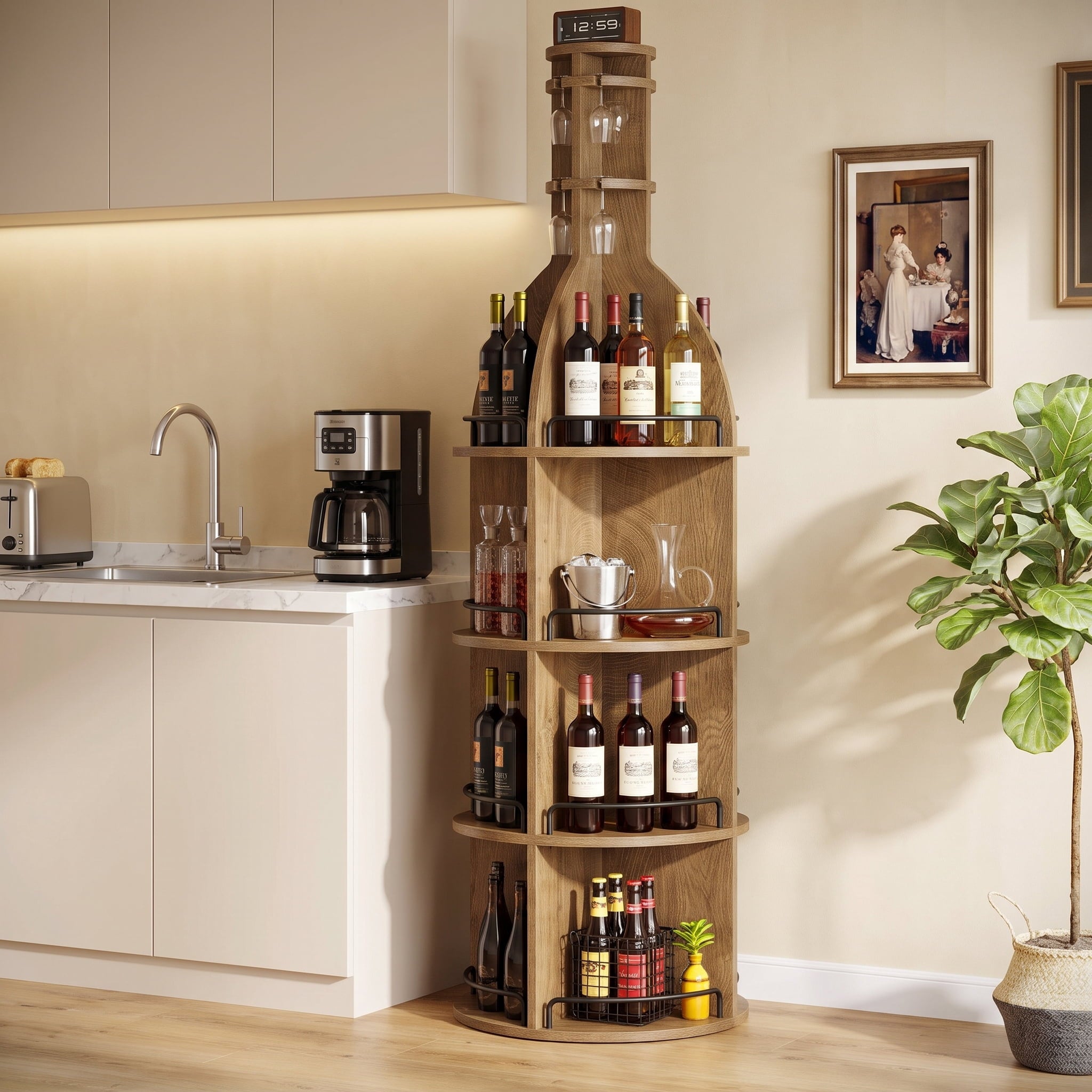 Fnova 75" Tall Round Wine Rack, Freestanding Wine Bar Cabinet Holds Up to 60 Bottles with Glass Holders, 4-Tier Industrial Wine Storage Shelf for Living Room, Dining Room, Basement, Rustic Brown
