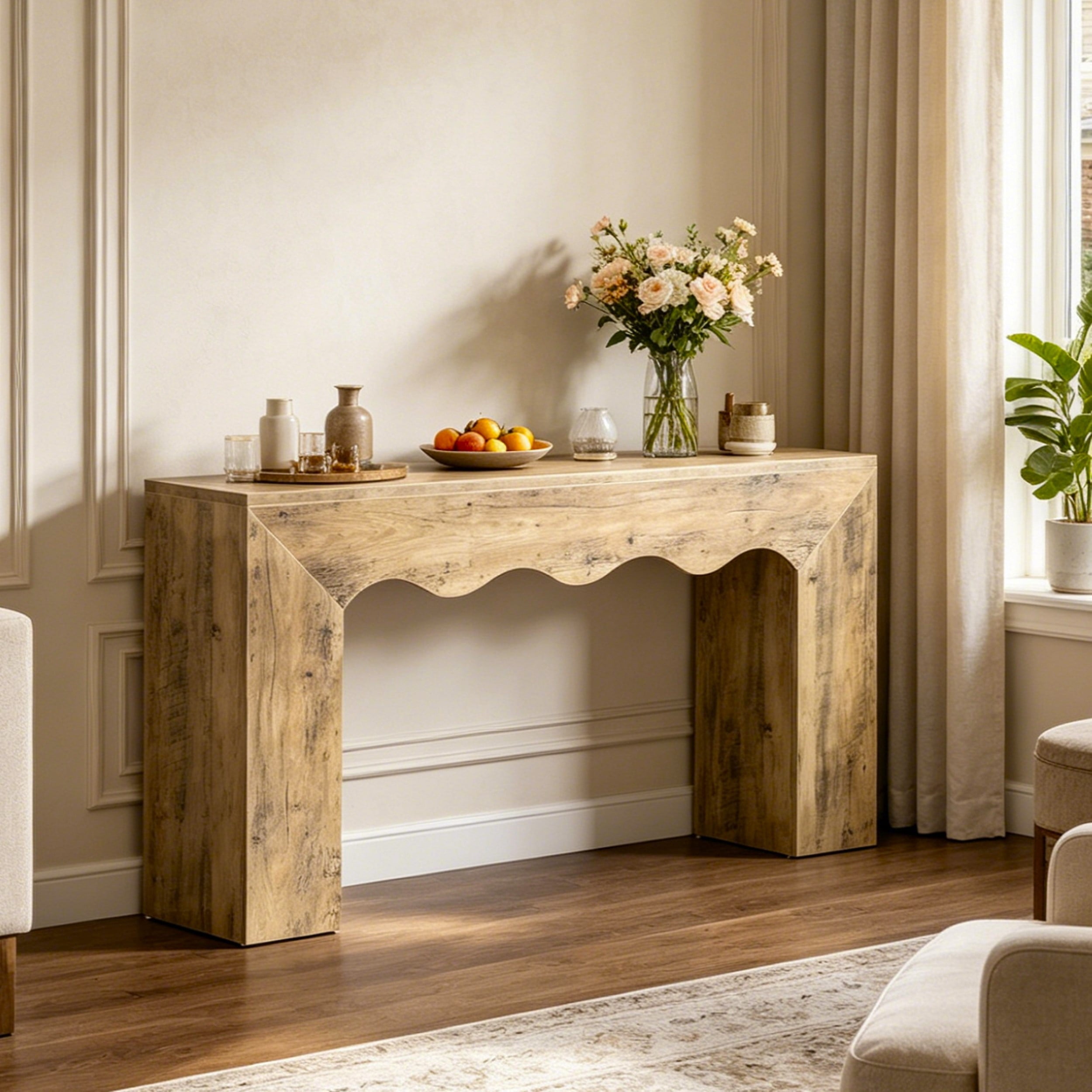 Fnova 63-Inch Farmhouse Console Table with Wave Edge, Long Narrow Wood Entryway Table, Sofa Table for Living Room, Hallway, Behind Couch, Light Brown,WM010347_LBN_US