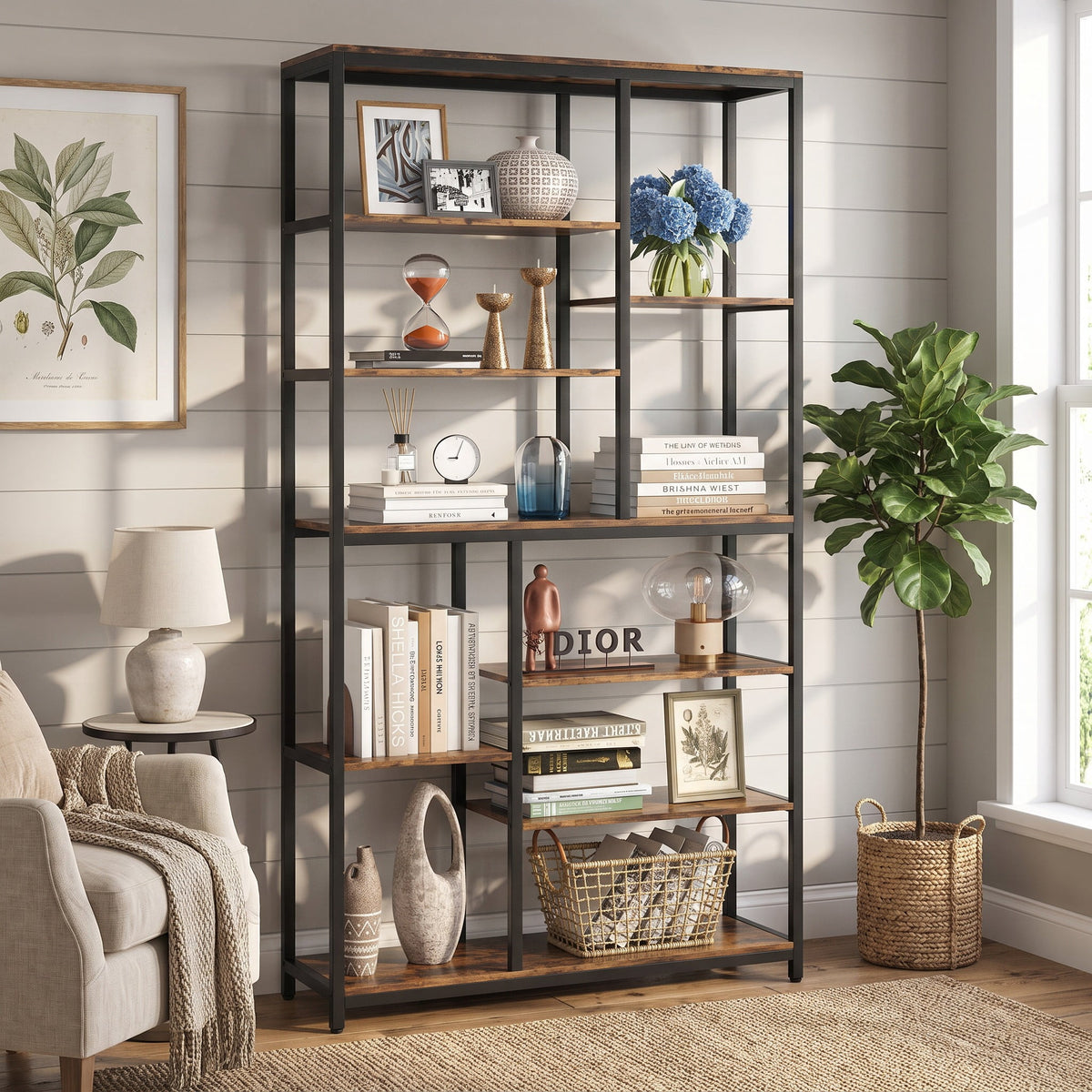 Fnova 79-Inch Tall Display Shelf Unit, 8-Tier Staggered Open Back Industrial Bookcase Storage with Anti-Tip for Home Office Living Room,WM010546_BNB_US