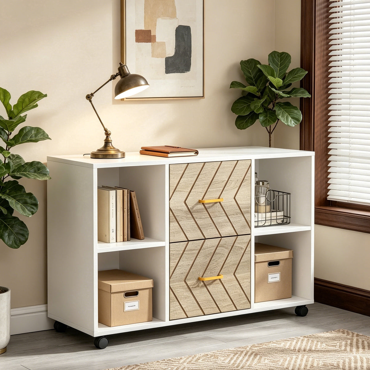 Fnova 39.4-Inch Mobile File Cabinet with 2 Drawers & Open Storage Cubes, Rolling Filing Cabinet with Lockable Wheels, Lateral File Organizer, Home Office Storage Furniture,WM010629_WBN_US