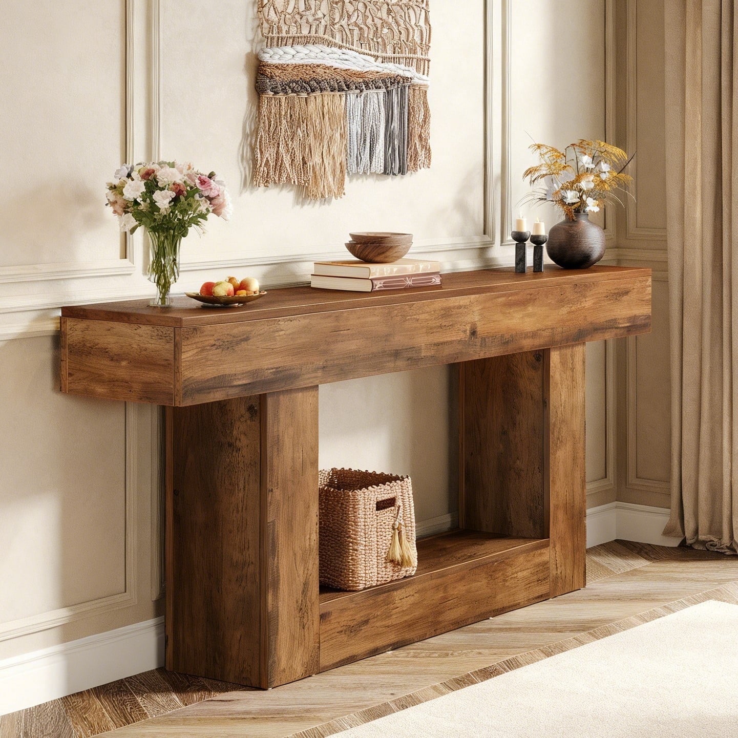 Fnova 63" Farmhouse Console Table, 2-Tier Wood Entryway/Sofa Table with Storage Shelf for Living Room, Hallway, Behind Couch,Brown