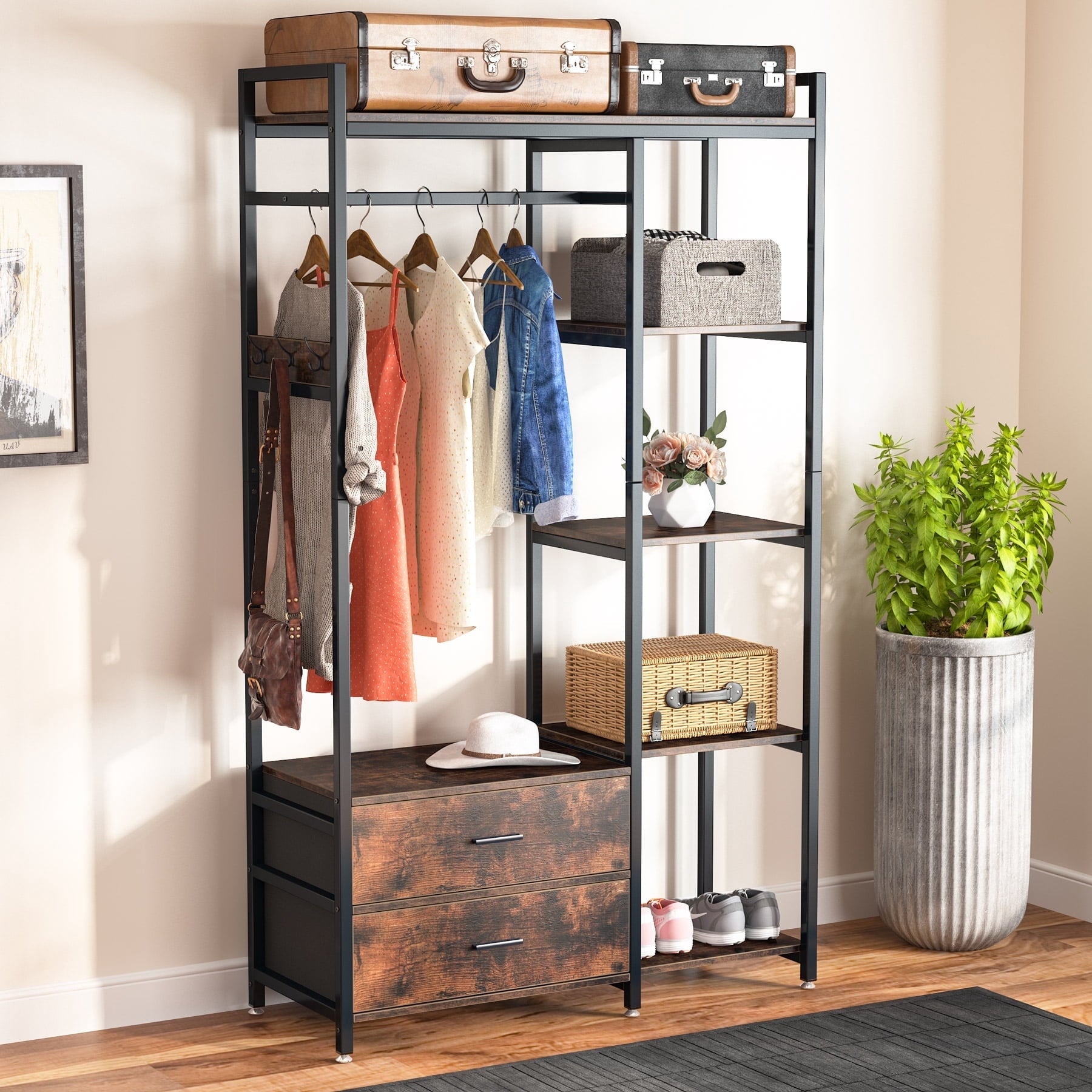 Fnova Clothes Rack with Shelf and Hanging Rod, 2 Drawers Freestanding Closet Organizer, Heavy Duty Industrial Hall Tree Garments Rack for Small Space, Bedroom,WM010509_BN_Rack