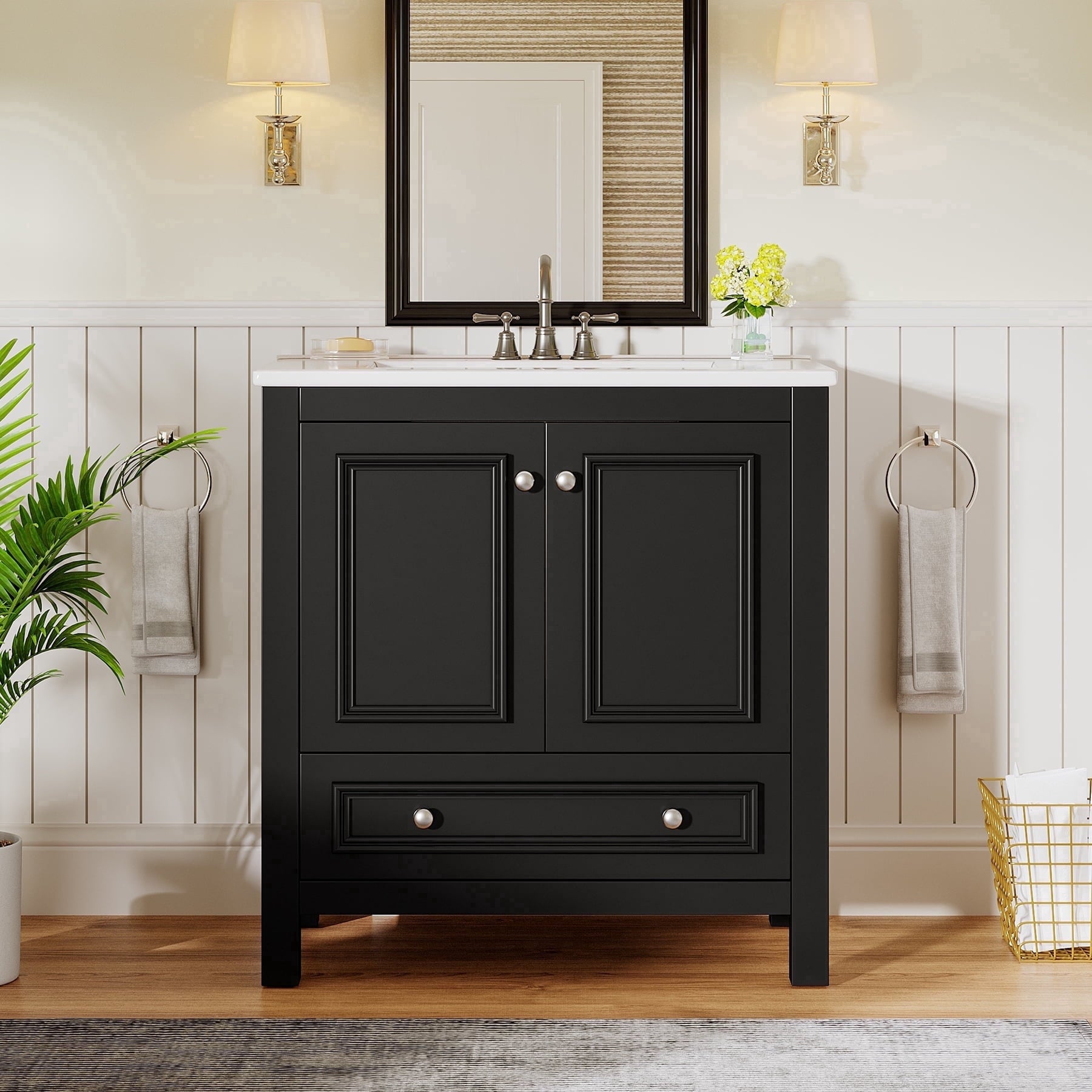 Fnova 30-Inch Modern Bathroom Vanity with Sink, Freestanding Bathroom Vanities Cabinet, Bathroom Sink Cabinet with 2 Doors and 1 Drawer, Solid Wooden Frame, Black,WM011301M_B_US