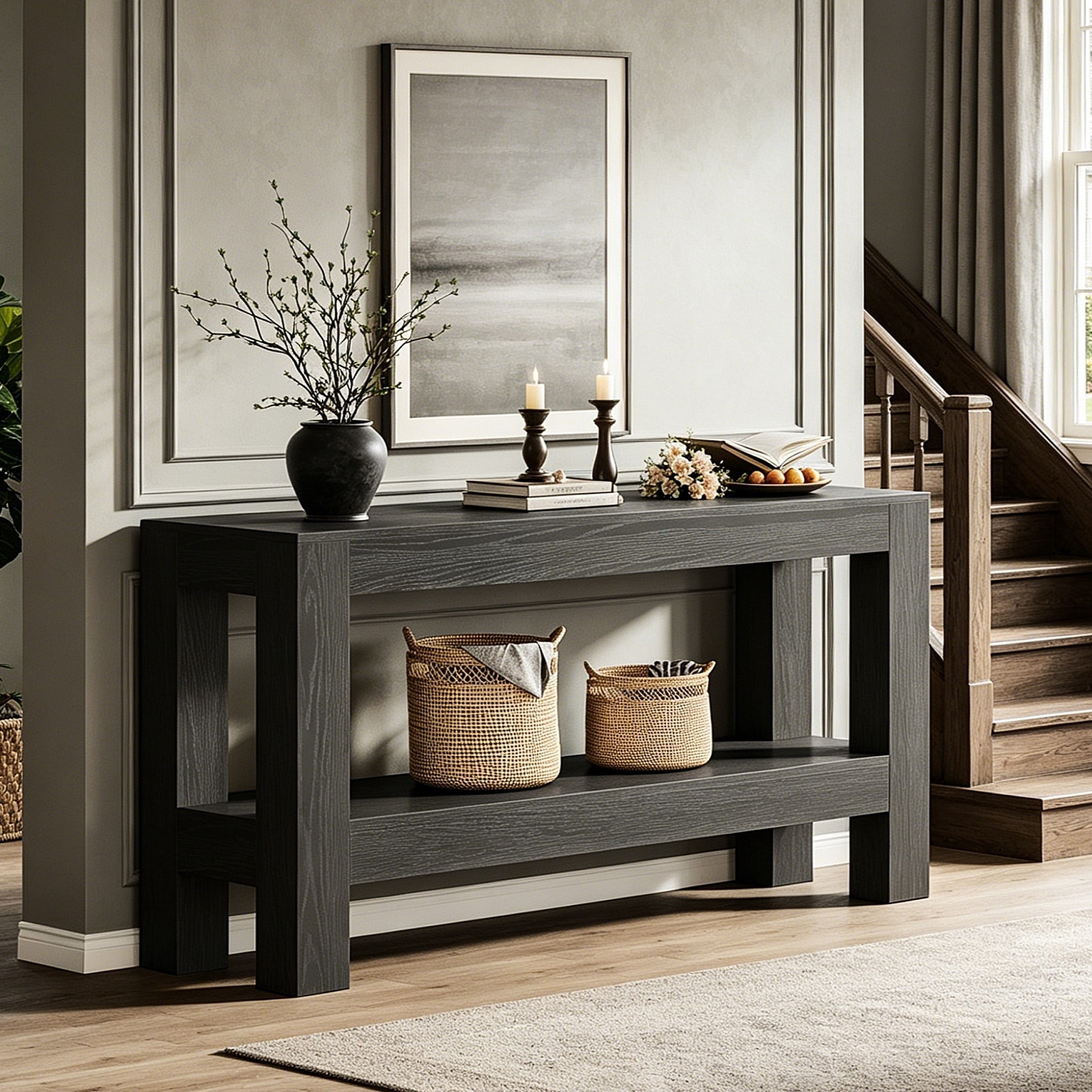Fnova 63-Inch Farmhouse Console Table, Entryway Table with 2-Tier Storage Shelves, Wood Sofa Table for Living Room, Hallway, Foyer, Black,WM010344_B_US