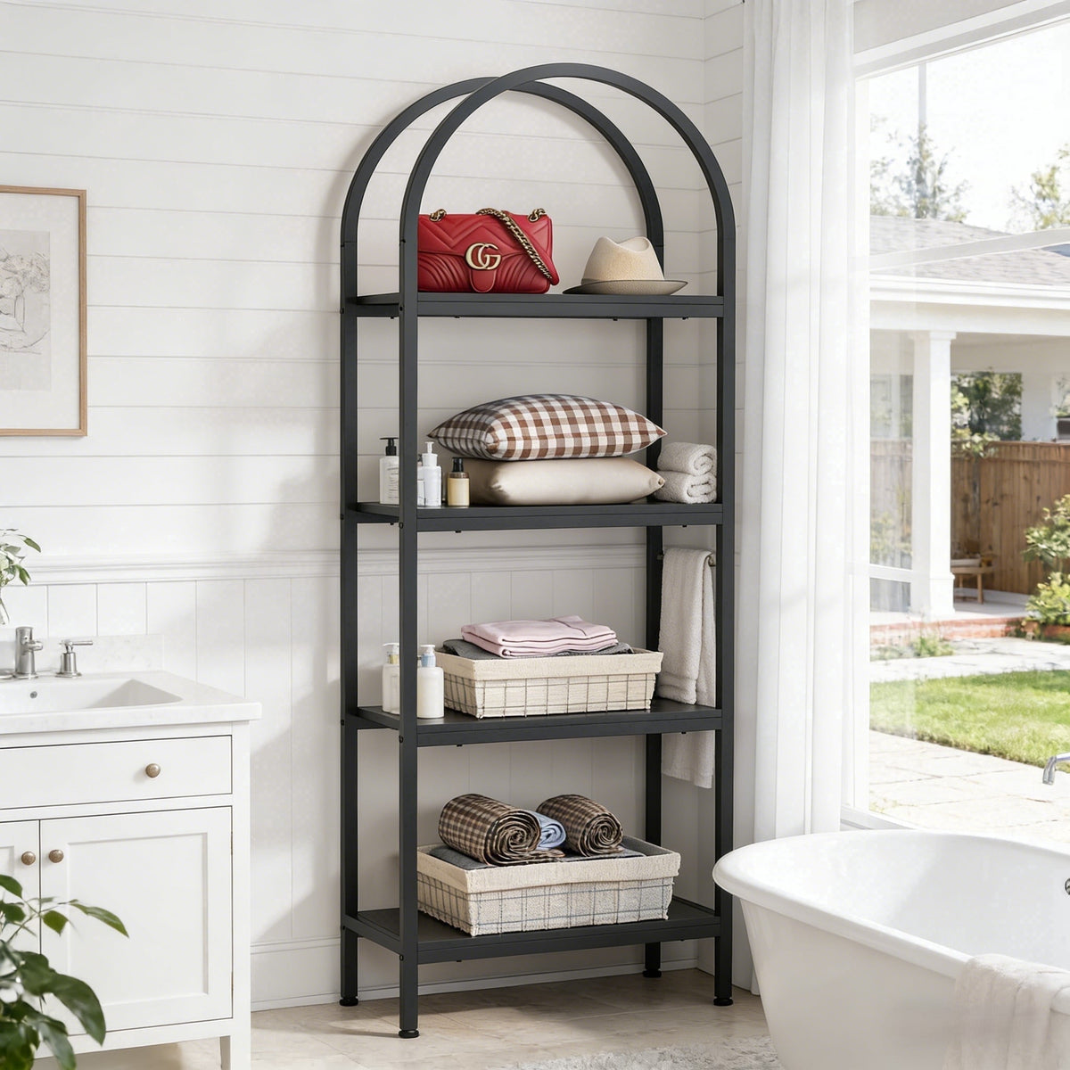 Fnova 71-Inch Tall Bookshelf 4-Tier Arched Bookcase, Industrial Book Shelves with Metal Frame for Living Room, Office, Bedroom,WM010505M_J0197_US