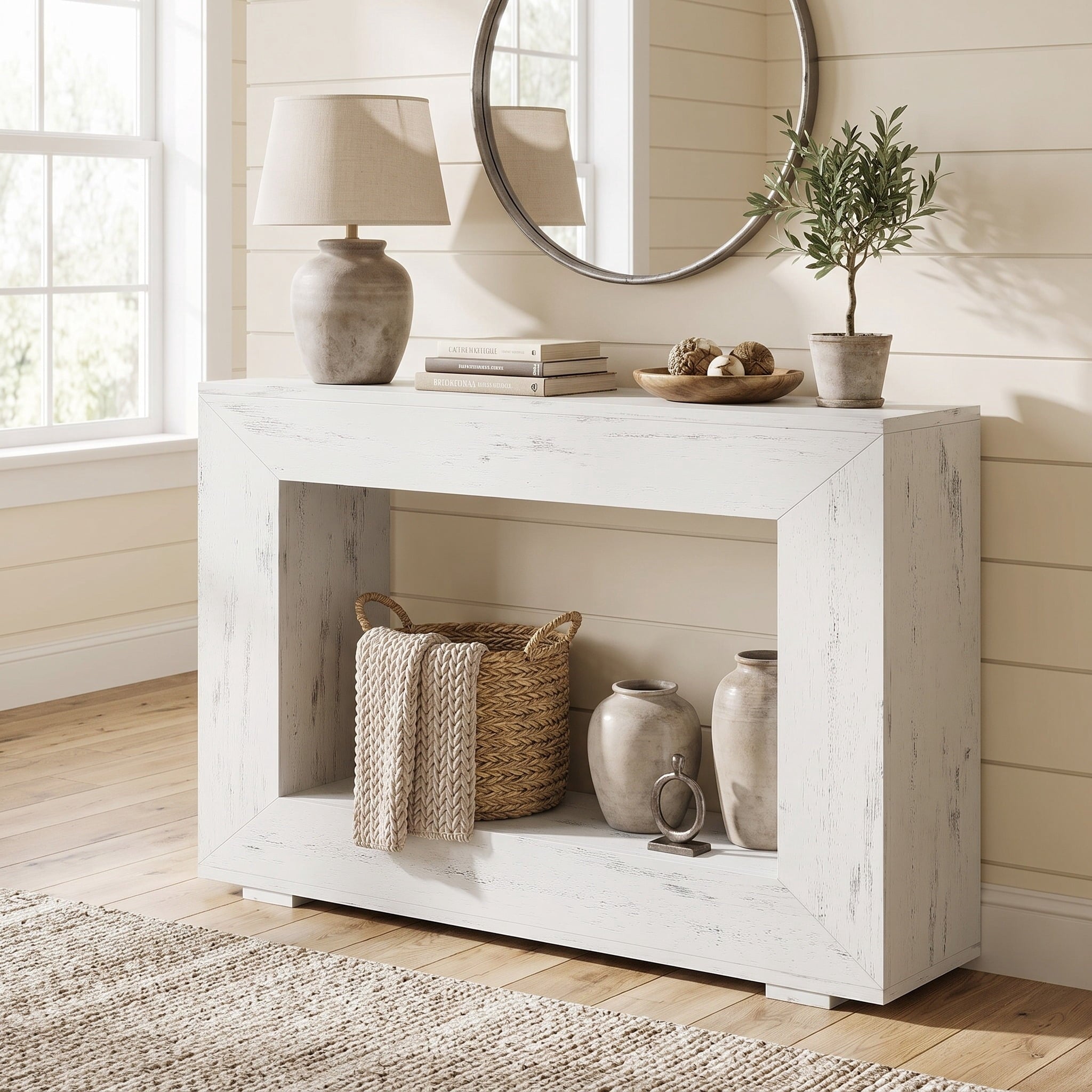 Fnova Farmhouse Console Table for Entryway, 47.2-Inch Long Narrow Wood Entryway Table, Easy Assembly, White,WM010217C_W_Tables
