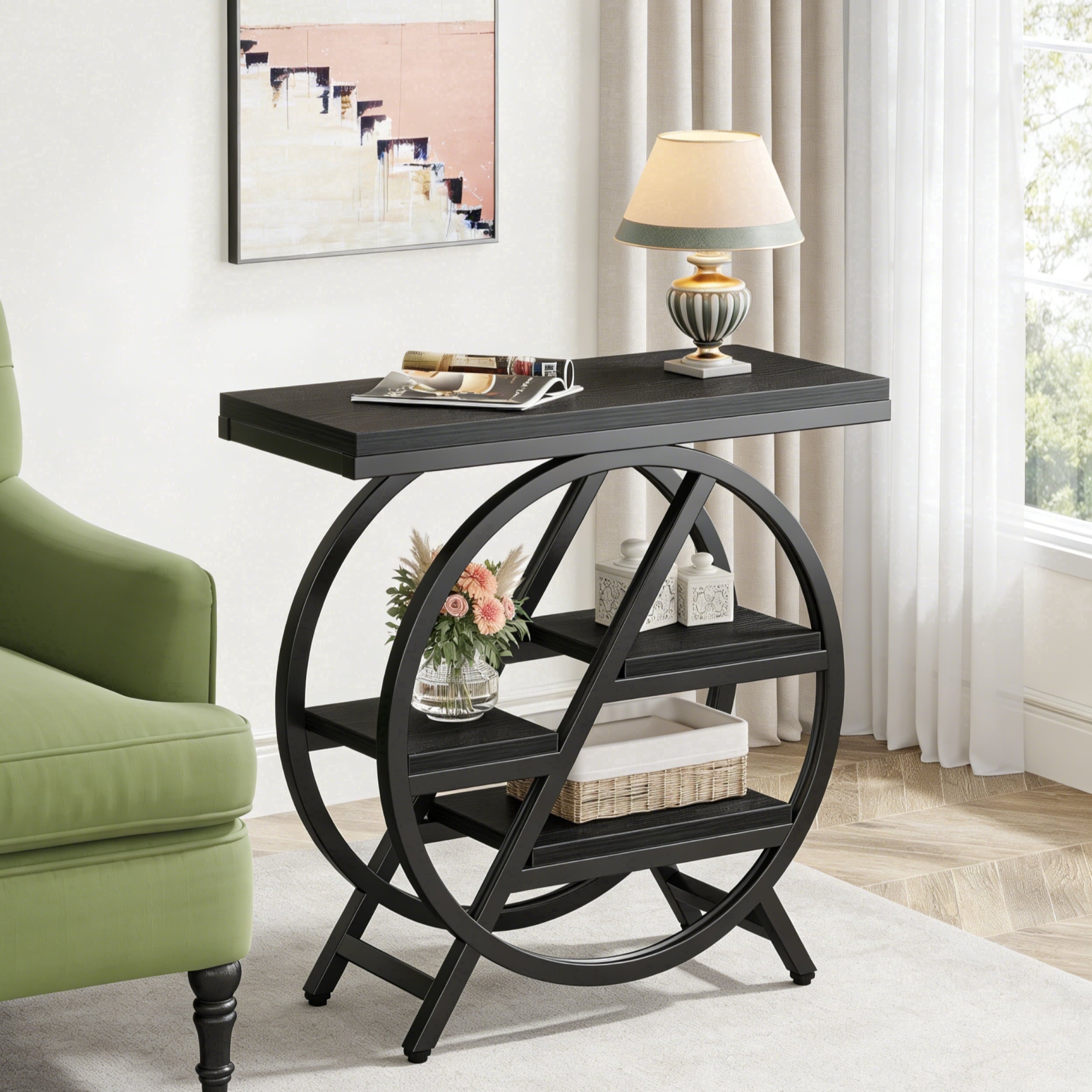 Fnova End Table Modern Wood Narrow Farmhouse Side Tables with Storage Shelf for Living Room, Bedroom, Nightstand,Black