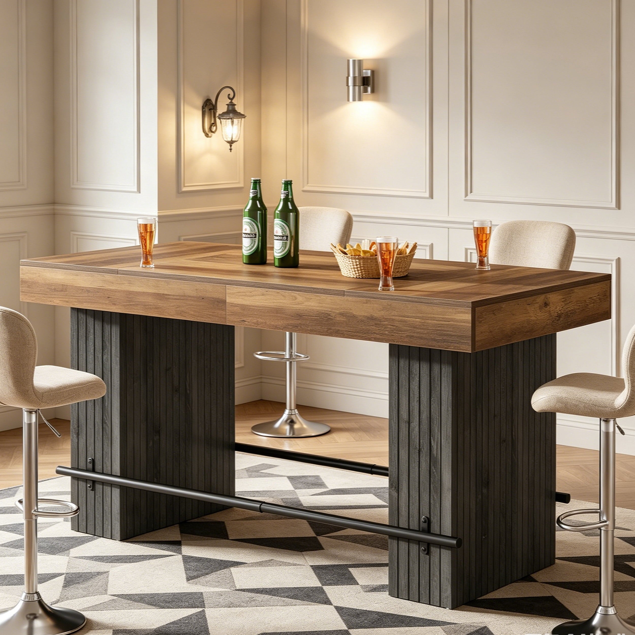 Fnova 63 Inch Industrial Bar Height Table with Dual Footrests, Counter Height Bar Table for Home Bar Cafe Restaurant,Brown Black