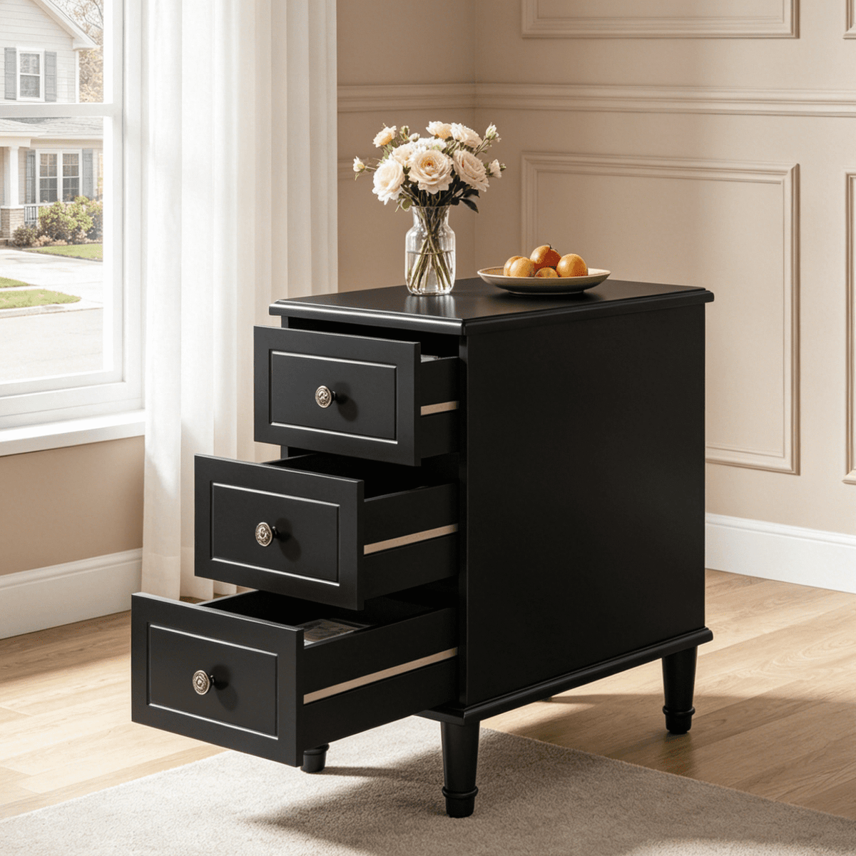 Fnova Solid Wood Side Table with 3 Drawers, Modern End Table, Farmhouse Accent Table, Beside Table Nightstand, No Assembly Required, for Living Room, Bedroom, Entryway, Small Space,WM010133_B_US