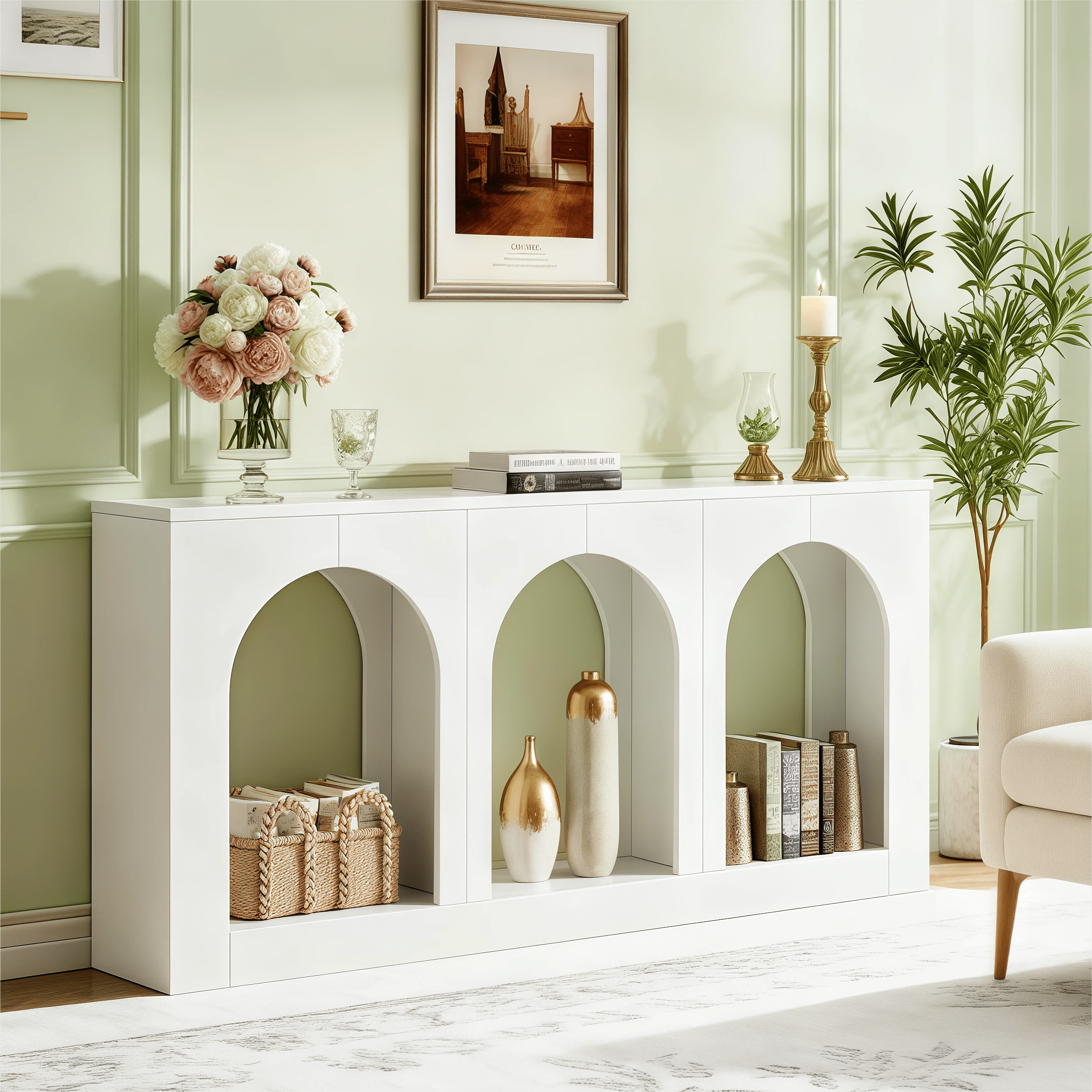 Fnova 70.9" Farmhouse Console Table, Narrow Long Sofa Table with 3 Arched Storage Shelves, Wood Entryway Table for Foyer, Hallway, Living Room, Behind Couch,White