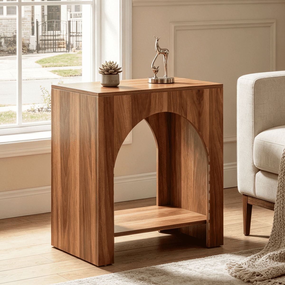 Fnova Farmhouse End Table with Storage, Modern Arched Wooden 2-Tier Side Table Nightstand Bedside Table Accent Table with Open Shelf, Easy Assembly, for Living Room, Bedroom, Entryway, Small Space,WM010127_DBN_US