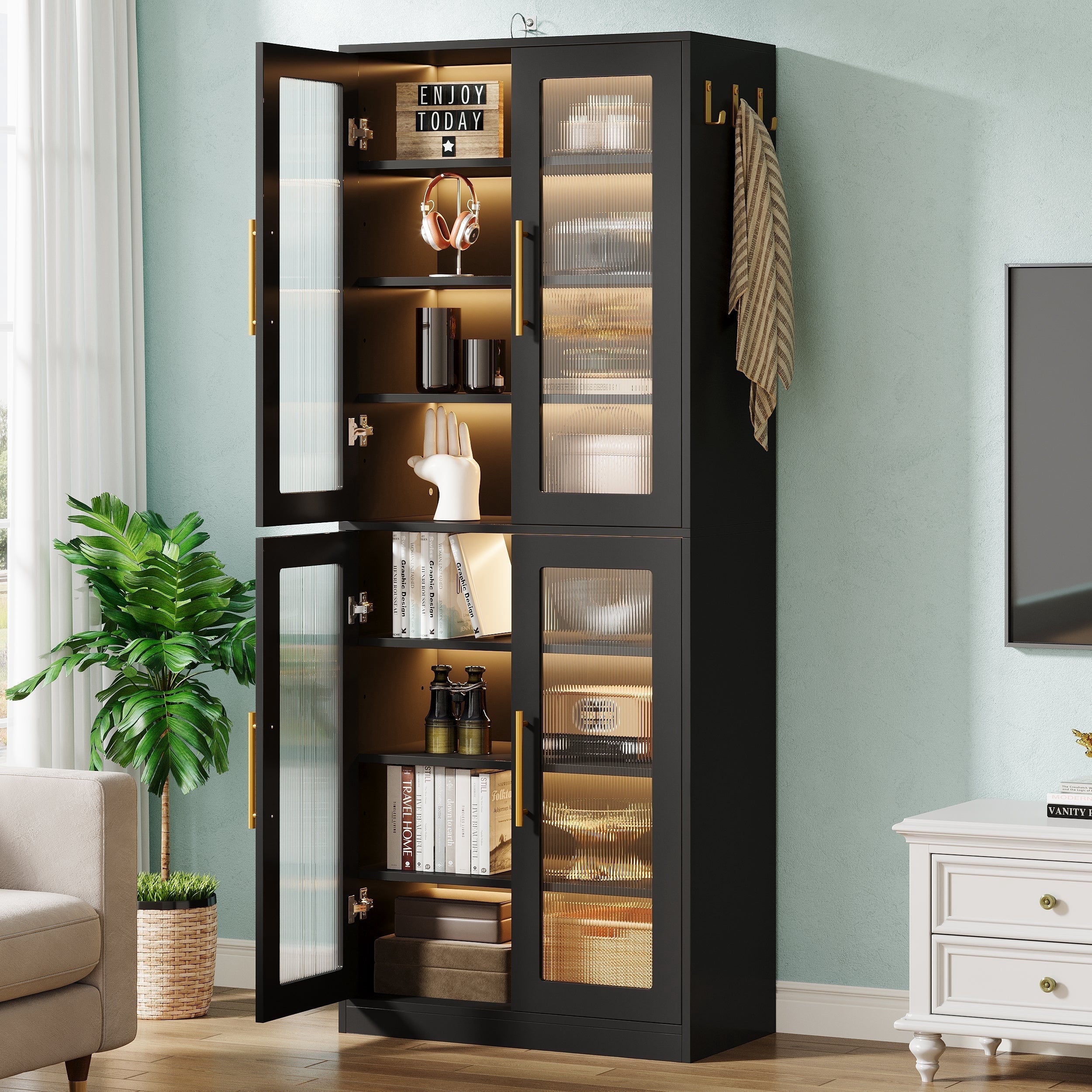 Fnova 66.93" Bookcase with Doors, 8 Tier Storage Cabinet with LED Lights for Living Room, Bedroom, Study, Black,Black