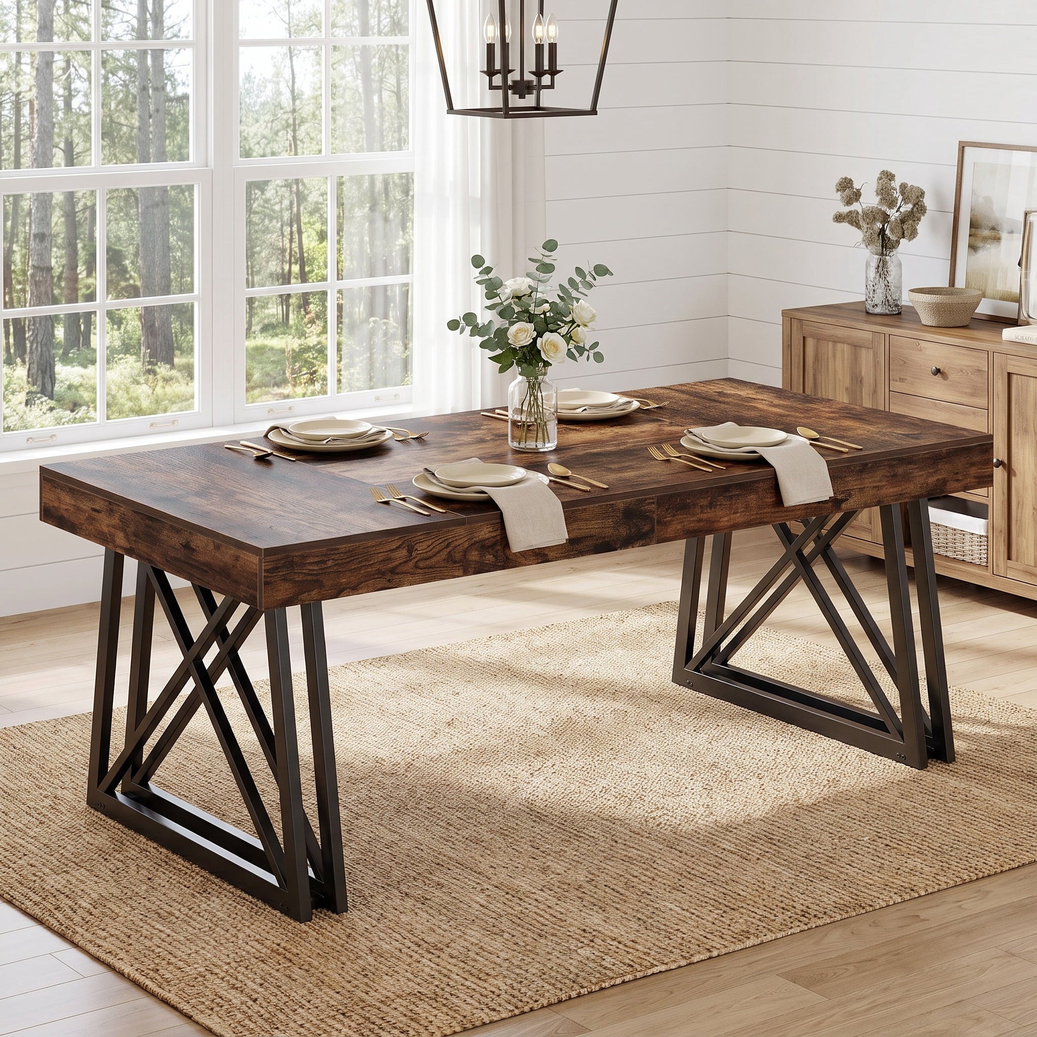 Fnova 63-Inch Rustic Dining Table, 6-Person X-Shaped Metal Legs Rustic Table for Family Home, Office Conference, Dining Room & Casual Gatherings,WM010824_BNB_US1