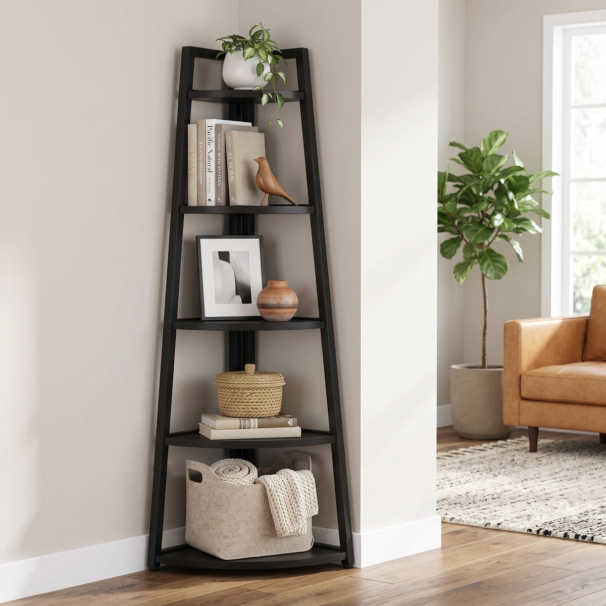 Fnova 71-Inch 5-Tier Industrial Corner Ladder Shelf, Modern Corner Bookshelf, Compact Bookcase, Plant Stand for Living Room, Kitchen, Home Office,WM010513_B_Shelf