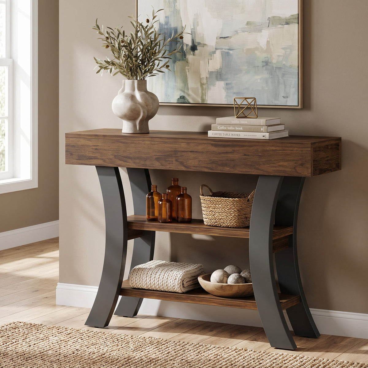 Fnova 41.34-Inch 3-Tier Console Table, Vintage Sofa Table with Curved Metal Leg for Entryway Hallway Living Room Foyer Decor,WM010968_DBNB_US