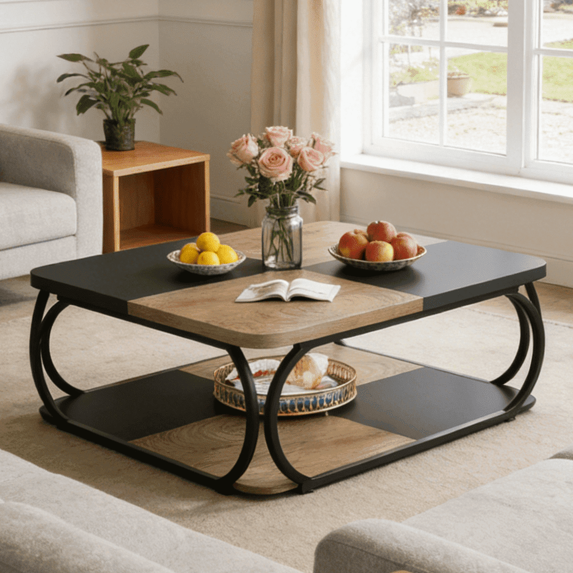 Fnova 39.2" Square Coffee Table, Industrial Modern Style with Wood Colorblock Design, Decorative Center Table for Living Room, Bedroom & Apartment, Easy to Assemble,Light Brown
