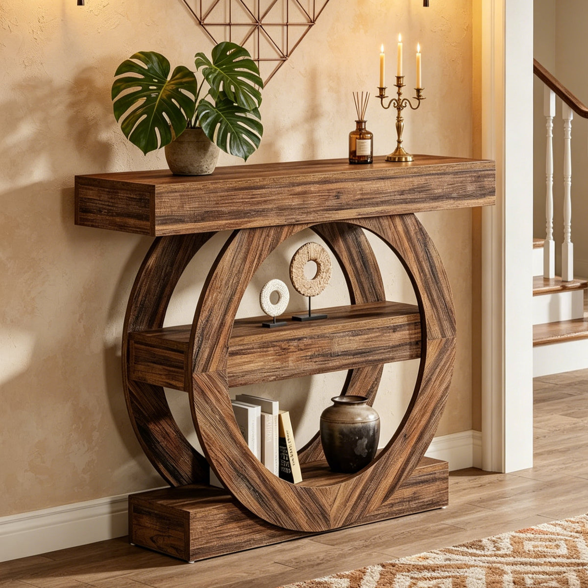 Fnova 41.34-Inch 3-Tier Round Frame Console Table, Wood Sofa Table for Entryway Hallway Living Room Foyer Decor,WM010973_BN_US