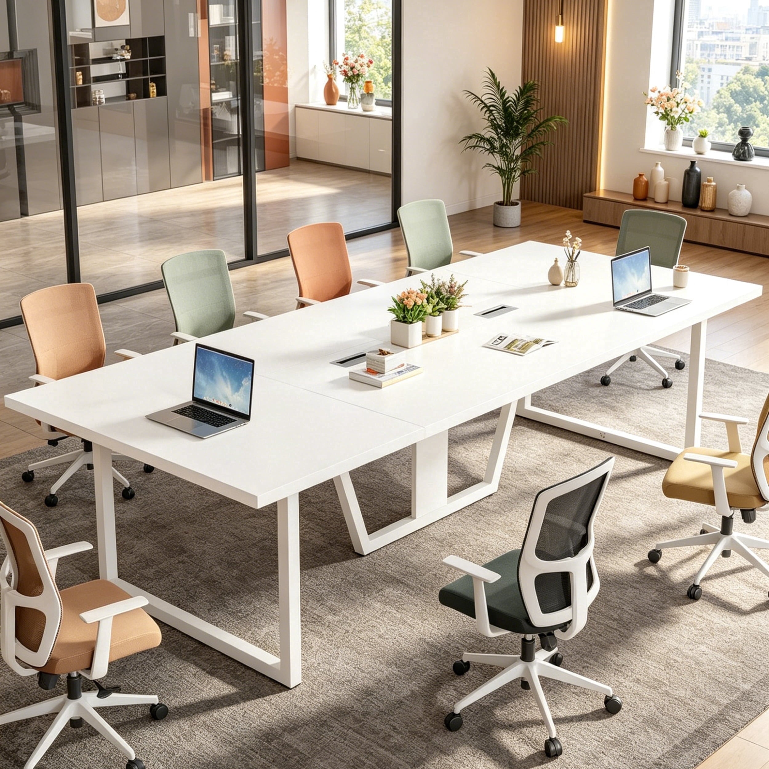 Fnova 94"Large Conference Table for 8-10 People, Modern Executive Meeting Table with Cable Management & Adjustable Feet, Heavy-Duty Office Conference Desk for Boardroom, Training Room,White