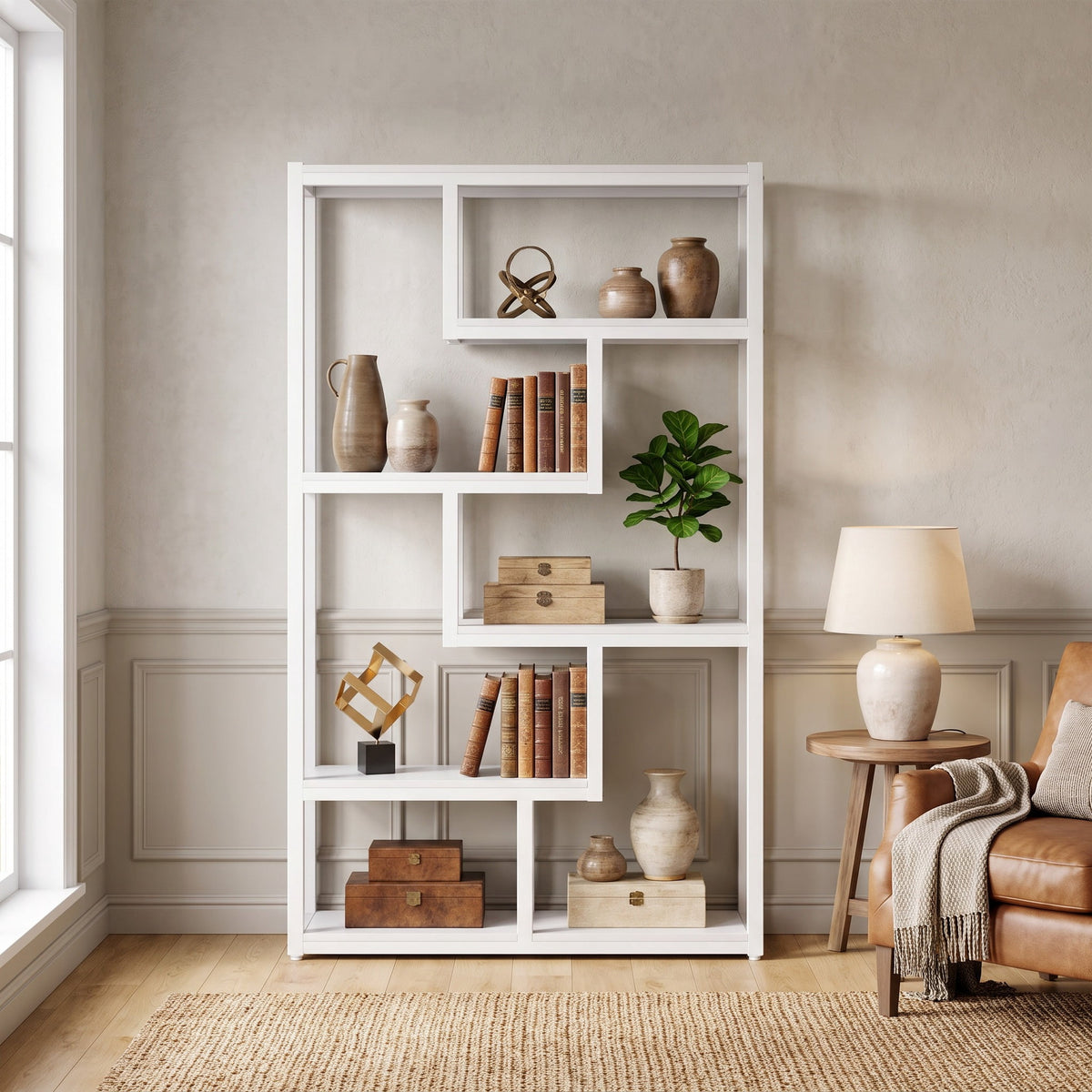 Fnova 69-Inch Industrial Storage Shelf Unit, 6-Tier Staggered Etagere Bookcase Display for Living Room Bedroom Home Office,WM010554_W_US