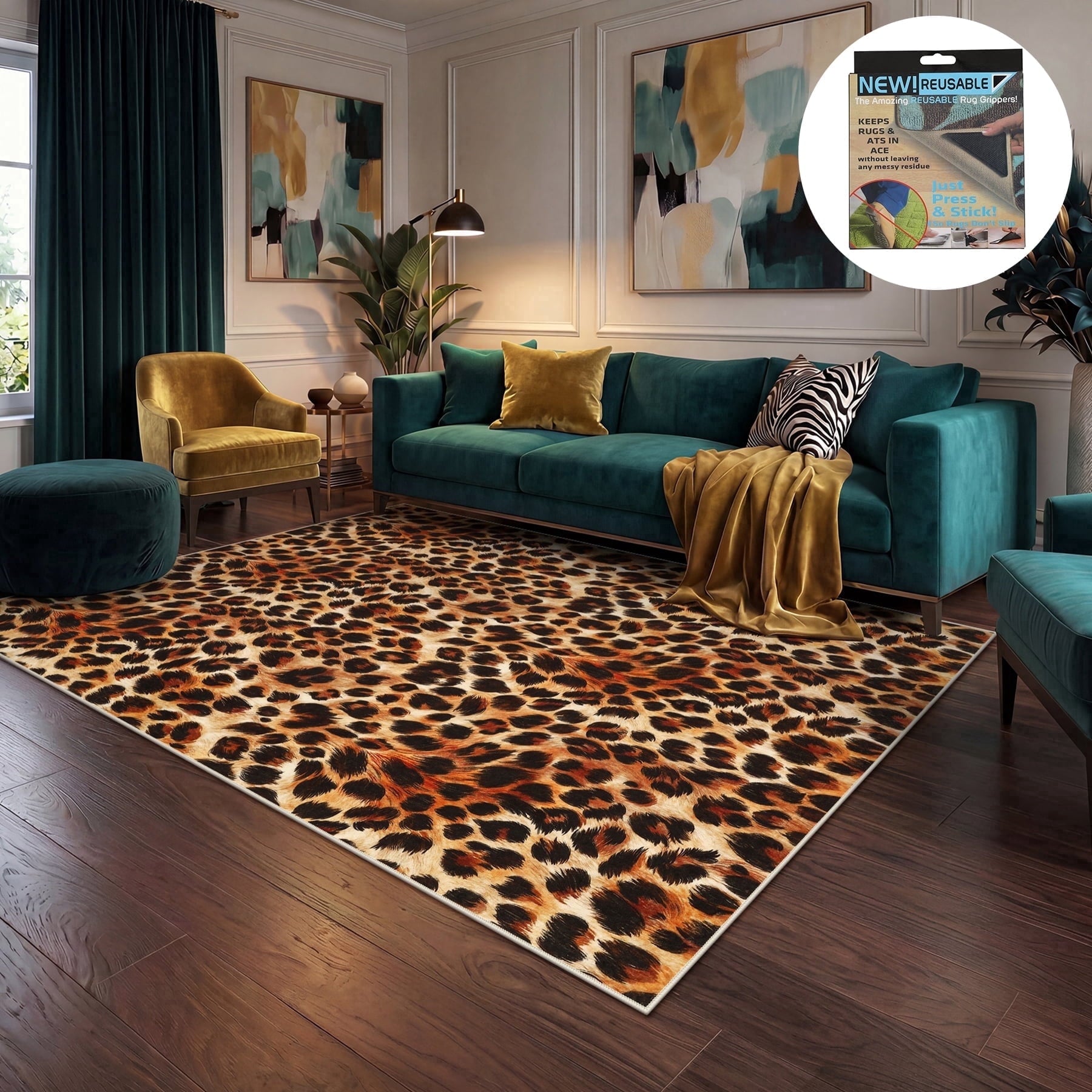 Fnova Leopard Print Area Rug, 5-Ft x 7-Ft Machine Washable Non Slip Rug for Living Room Bedroom Kitchen, Low Pile Indoor Carpet,WM011603_BN_US