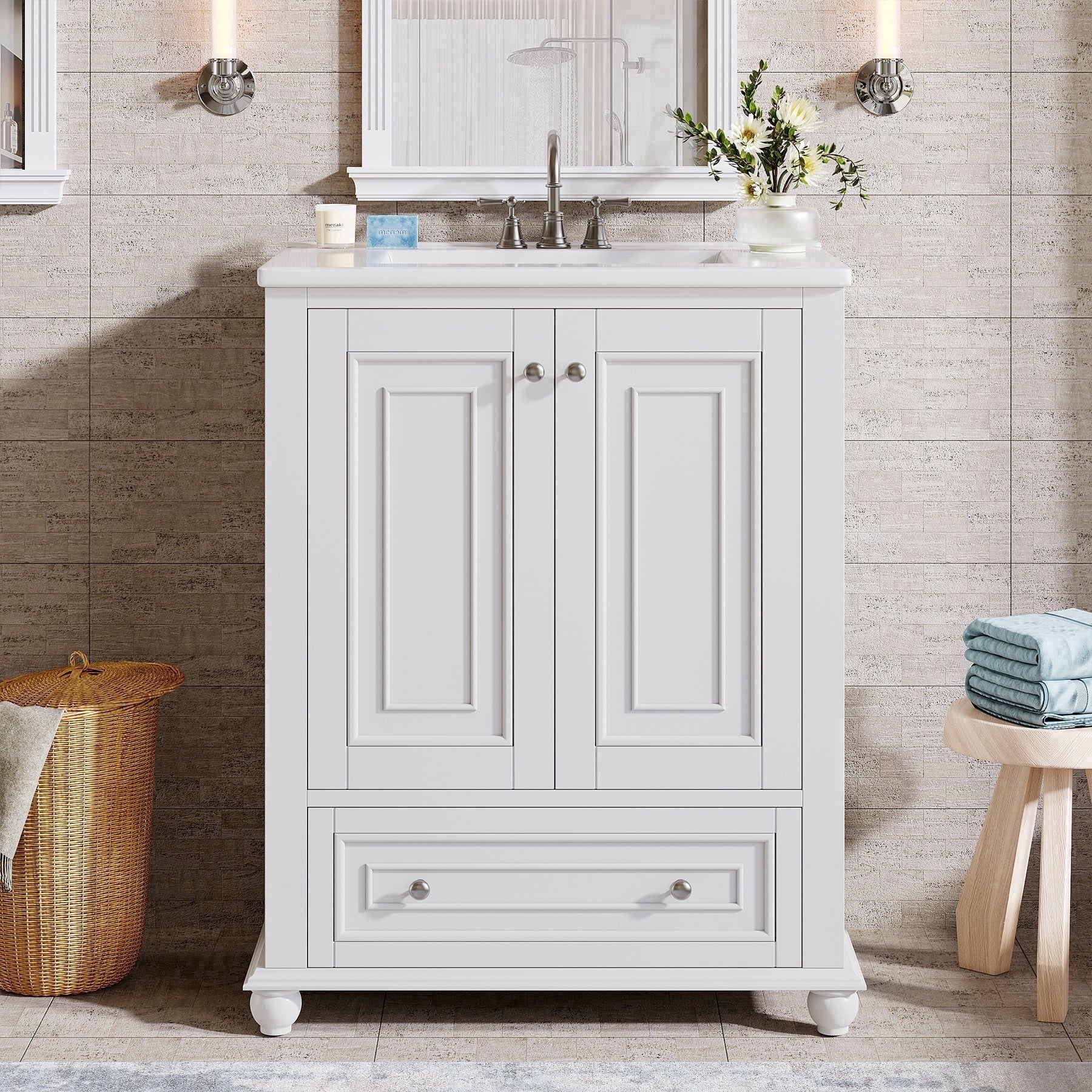 Fnova 24" Bathroom Vanity with Ceramic Sink Combo Freestanding Bathroom Storage Cabinet with 2 Doors 1 Drawer Solid Wood Frame Soft Close Hinges Waterproof Coated Surface for Small Bathroom,24" White