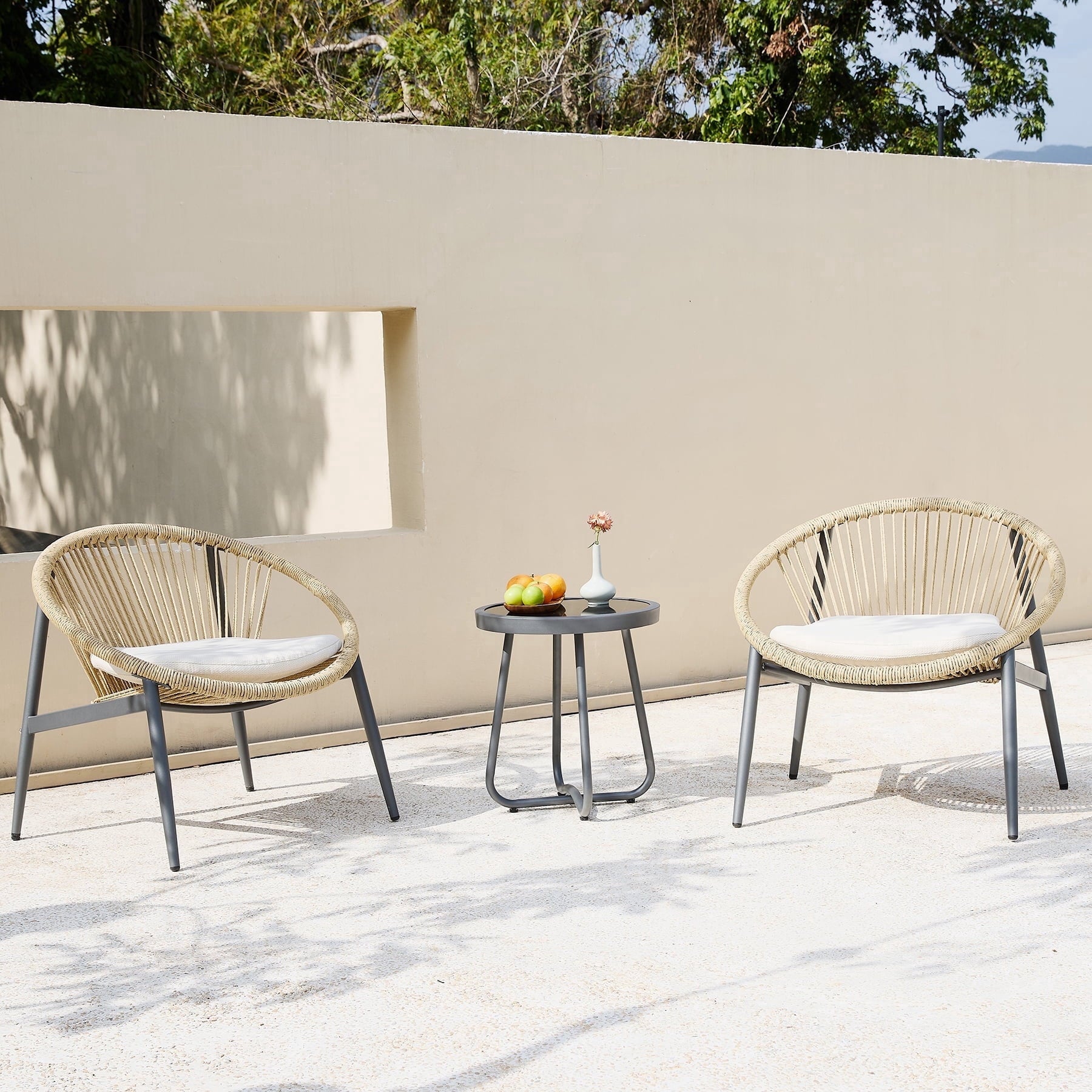 Fnova 3 Piece Outdoor Patio Furniture Set, Wicker Rattan Round Chairs with Side Table, Weather Resistant Conversation Set for Balcony, Backyard Porch,WM011521_W_US