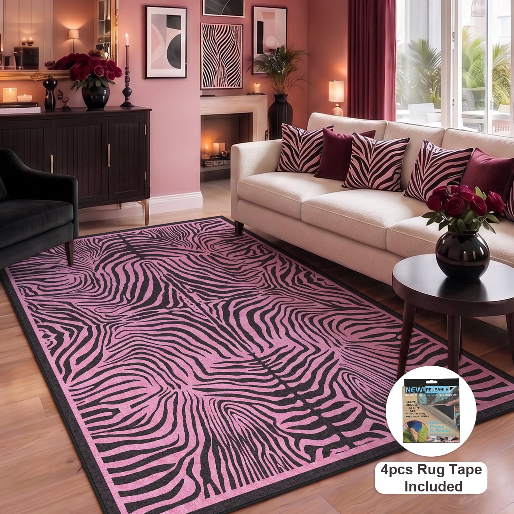Fnova Zebra Print 5x7 Hot Pink Area Rug for Girls Bedroom, Washable Soft Non Slip Nursery Living Room Rug, Boho Modern Animal Non-Slip Indoor Carpet for Dorm Kids Playroom, Oeko-Tex Certified