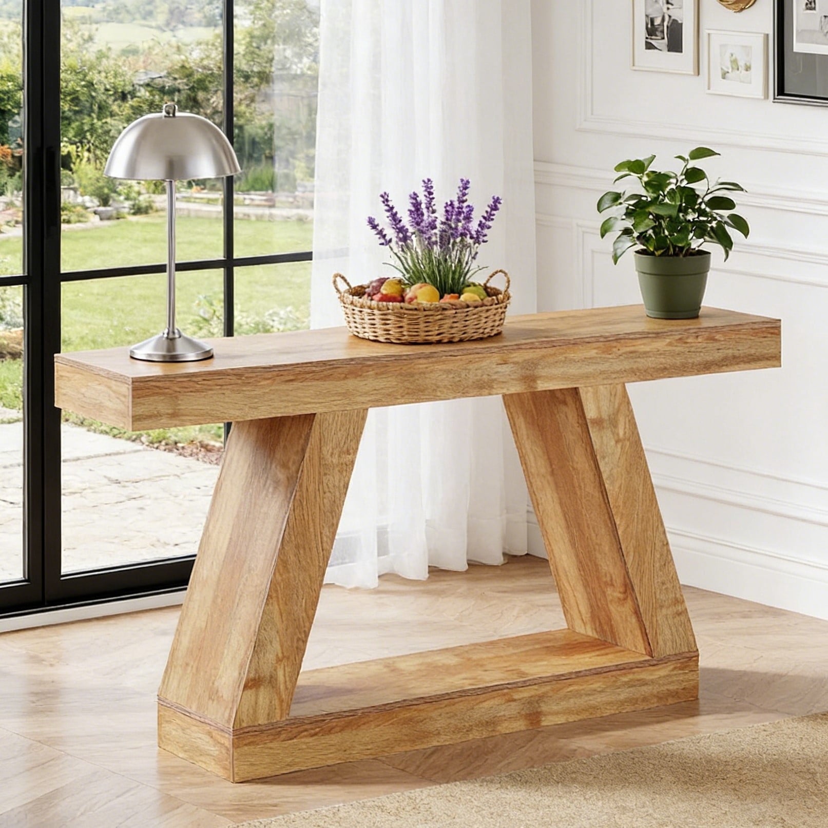 Fnova 55" Farmhouse Console Table, 2-Tier Storage Sofa Table, Long Wood Entryway Table for Hallway, Living Room, Easy Assembly,Light Brown