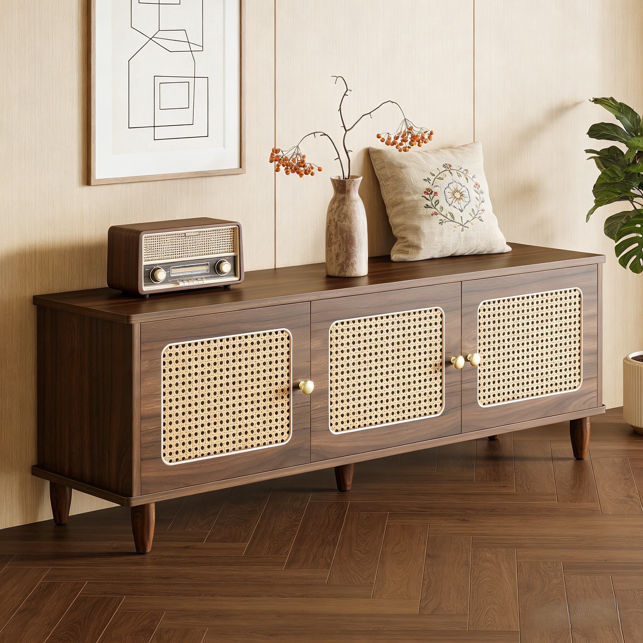 Fnova 55-Inch Storage Bench, 2-Tier Farmhouse Long Entryway Shoe Cabinet, Backless Wooden Seat for 2-3, End of Bed Stool with Rattan Doors Hidden Storage for Entryway, Hallway, Living Room,WM011208_BN_Bench