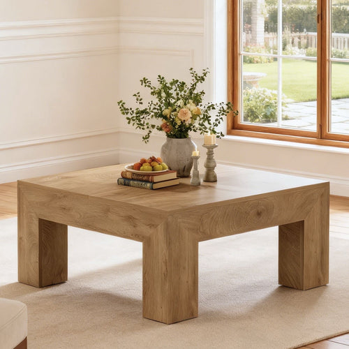 Fnova 39.4" Square Coffee Table, Farmhouse Wood Accent Center Cocktail Table with Sturdy Wooden Legs for Living Room, Easy Assembly,Light Brown