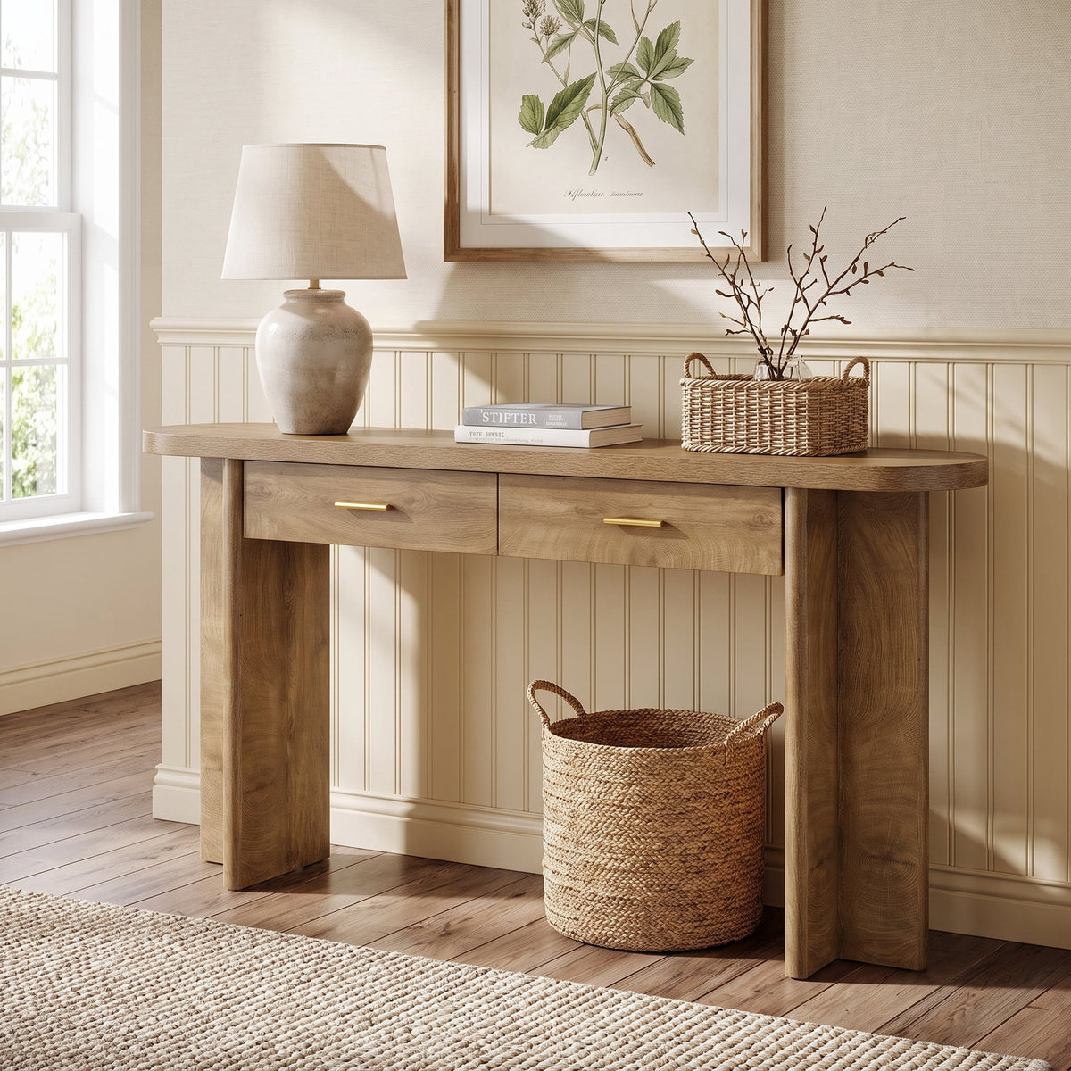 Fnova 63 Inch Console Table with 2 Drawers, Farmhouse Oval Curved Entryway Table with Storage for Living Room, Hallway, Behind Couch,WM010982_BN_US