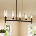 Fnova 5-Light Dining Room Light Fixture, Farmhouse Chandeliers for Kitchen Island Lighting with Adjustable Height, Matte Black Linear Chandeliers Pendant Ceiling Light with Clear Glass Shade,WM011113M-B-Light