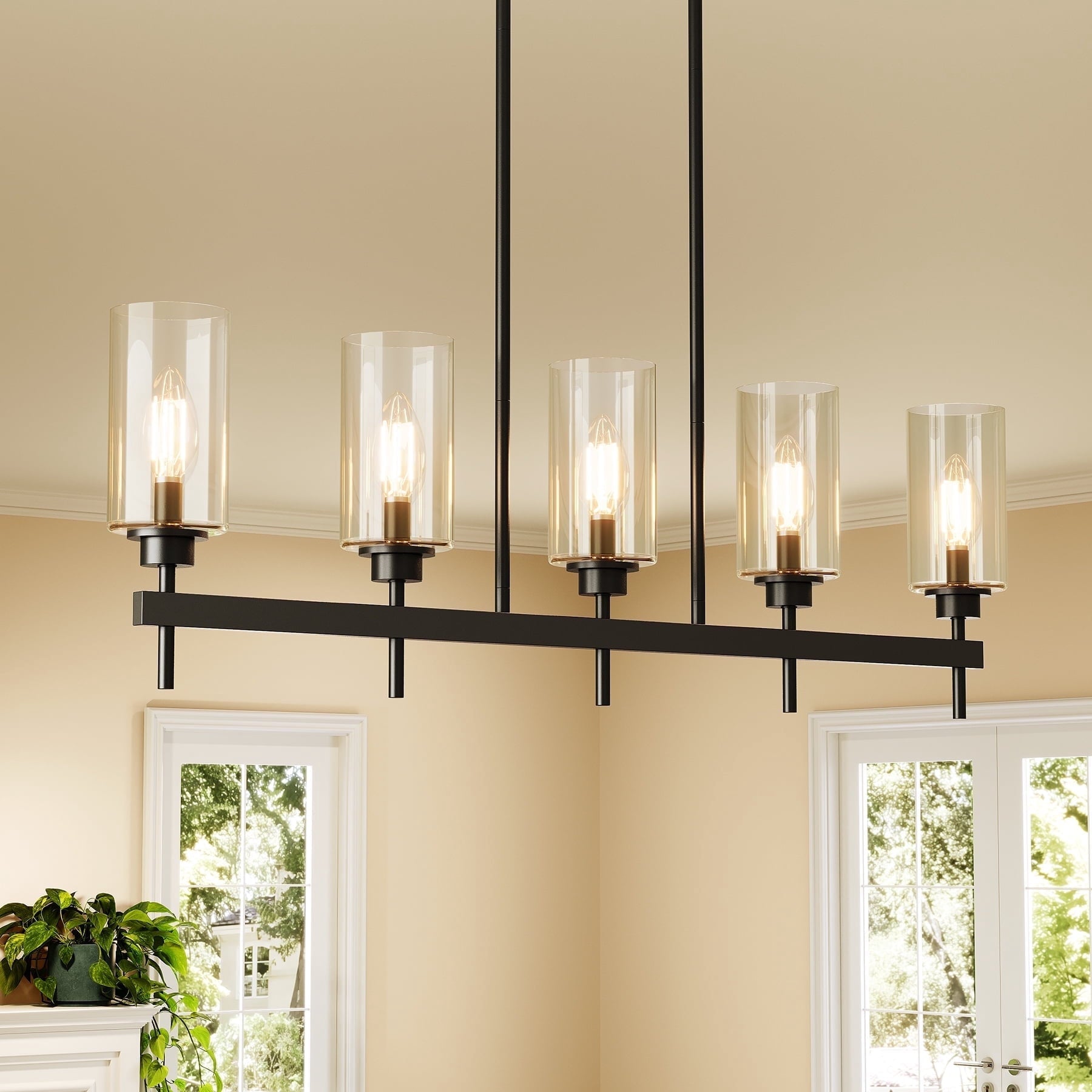 Fnova 5-Light Dining Room Light Fixture, Farmhouse Chandeliers for Kitchen Island Lighting with Adjustable Height, Matte Black Linear Chandeliers Pendant Ceiling Light with Clear Glass Shade,WM011113M-B-Light