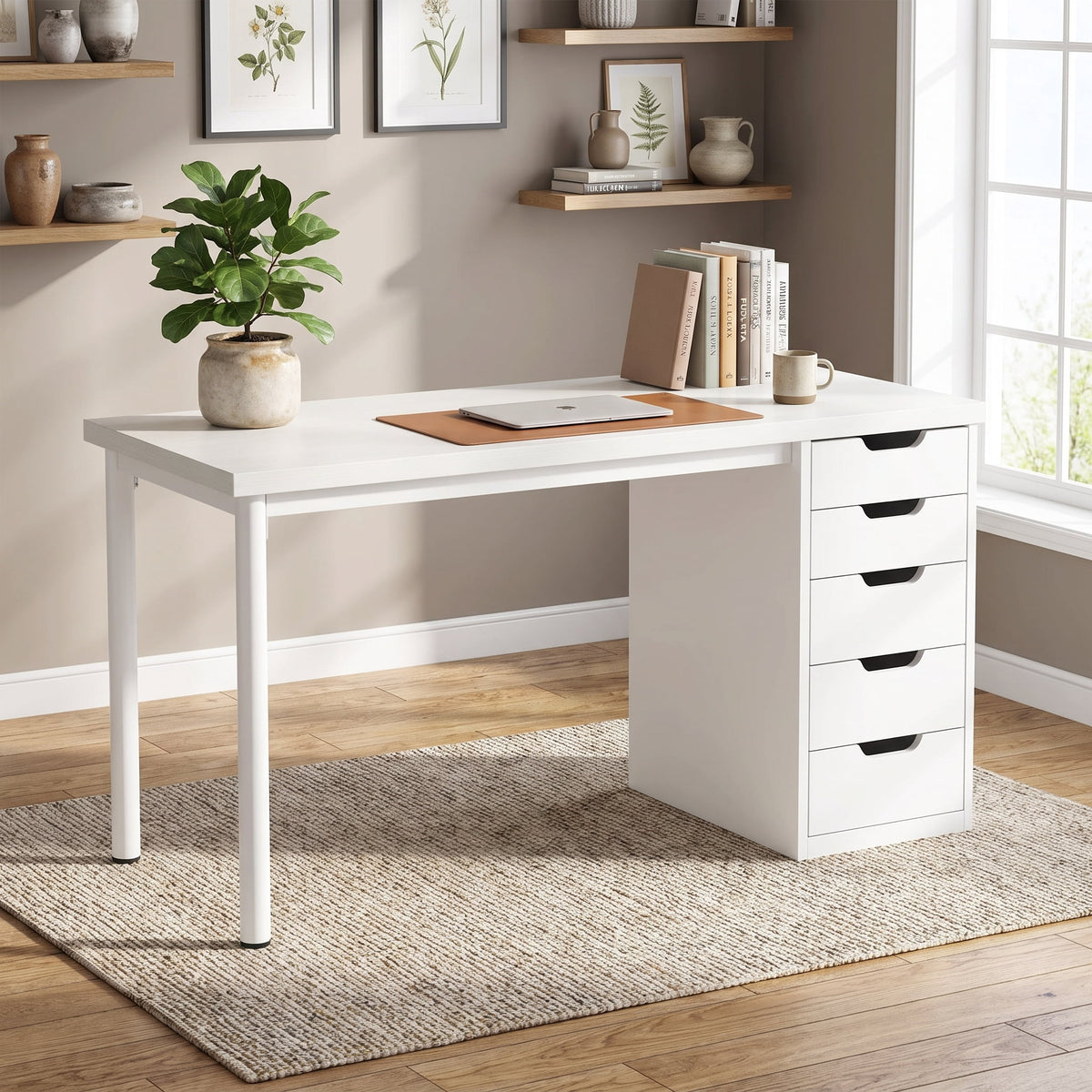 Fnova 47.24-Inch Computer Desk with 5 Drawers, Reversible File Cabinet, Writing Workstation for Home Office Bedroom Study Makeup Vanity Desk Furniture,WM010404C_W_Desk