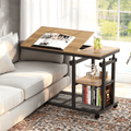 Fnova Mobile Side Table with Wheels, Snack Tray, Height-Adjustable C-Shape Desk, Tiltable Drawing Board, Laptop Stand, Storage Shelves for Living Room, Bedside Table for Couch,Light Brown