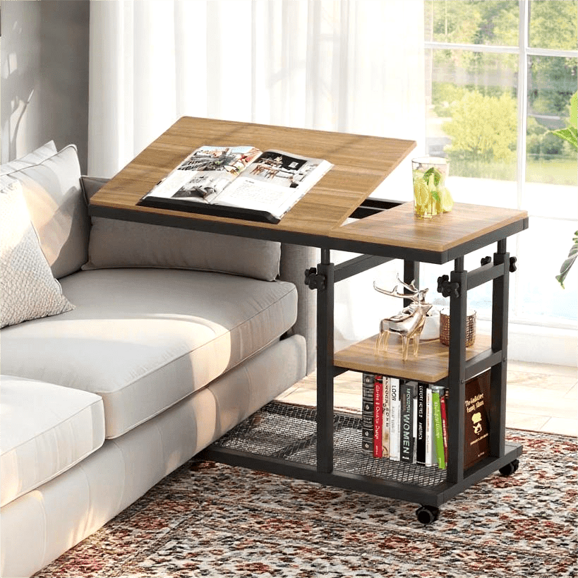 Fnova Mobile Side Table with Wheels, Snack Tray, Height-Adjustable C-Shape Desk, Tiltable Drawing Board, Laptop Stand, Storage Shelves for Living Room, Bedside Table for Couch,Light Brown