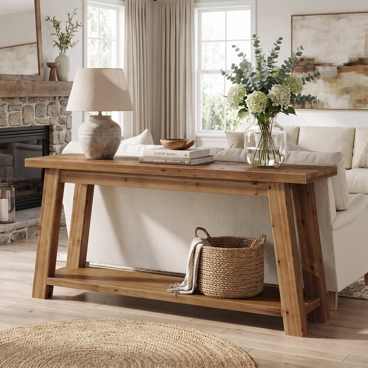 Fnova 70.9-Inch Solid Wood Console Table, Farmhouse 2-Tier Entryway Table with Storage, Narrow Long Sofa Table for Living Room, Hallway,WM010922_BN_US