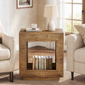 Fnova End Table Farmhouse Square Side Table with Storage, Wooden Sofa Table with Central Hollow Design, Modern Bedside Table, Easy Assembly, for Living Room, Bedroom, Nightstand, Woodtone,Brown