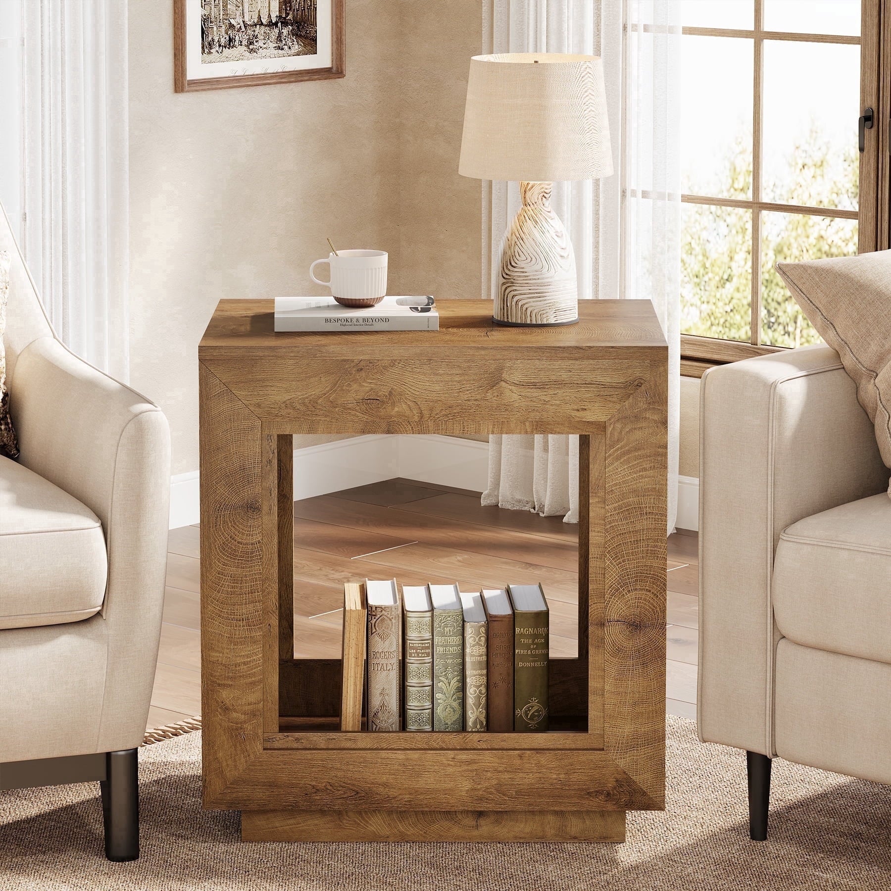 Fnova End Table Farmhouse Square Side Table with Storage, Wooden Sofa Table with Central Hollow Design, Modern Bedside Table, Easy Assembly, for Living Room, Bedroom, Nightstand, Woodtone,Brown