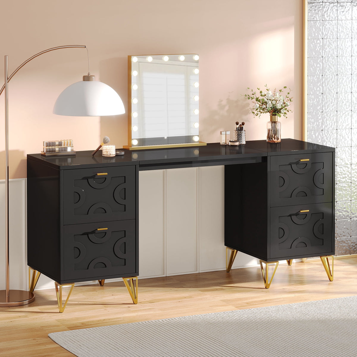 Fnova 59-Inch Modern Makeup Vanity Desk with 4 Drawers, Dressing Table with Storage & Gold Legs, Beauty Table for Bedroom/Home Office, No Mirror,WM010276_B_Tables