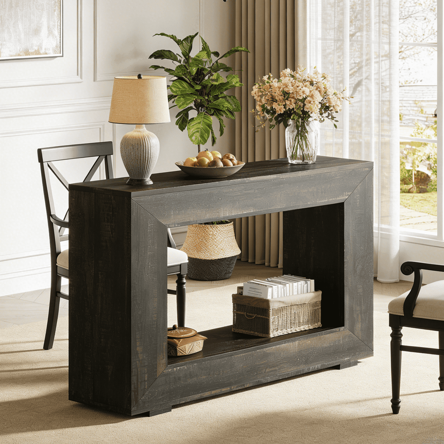 Fnova Farmhouse Console Table for Entryway, 47.2" Long Narrow Wood Entryway Table, Easy Assembly, Dark Gray,Dark Gray